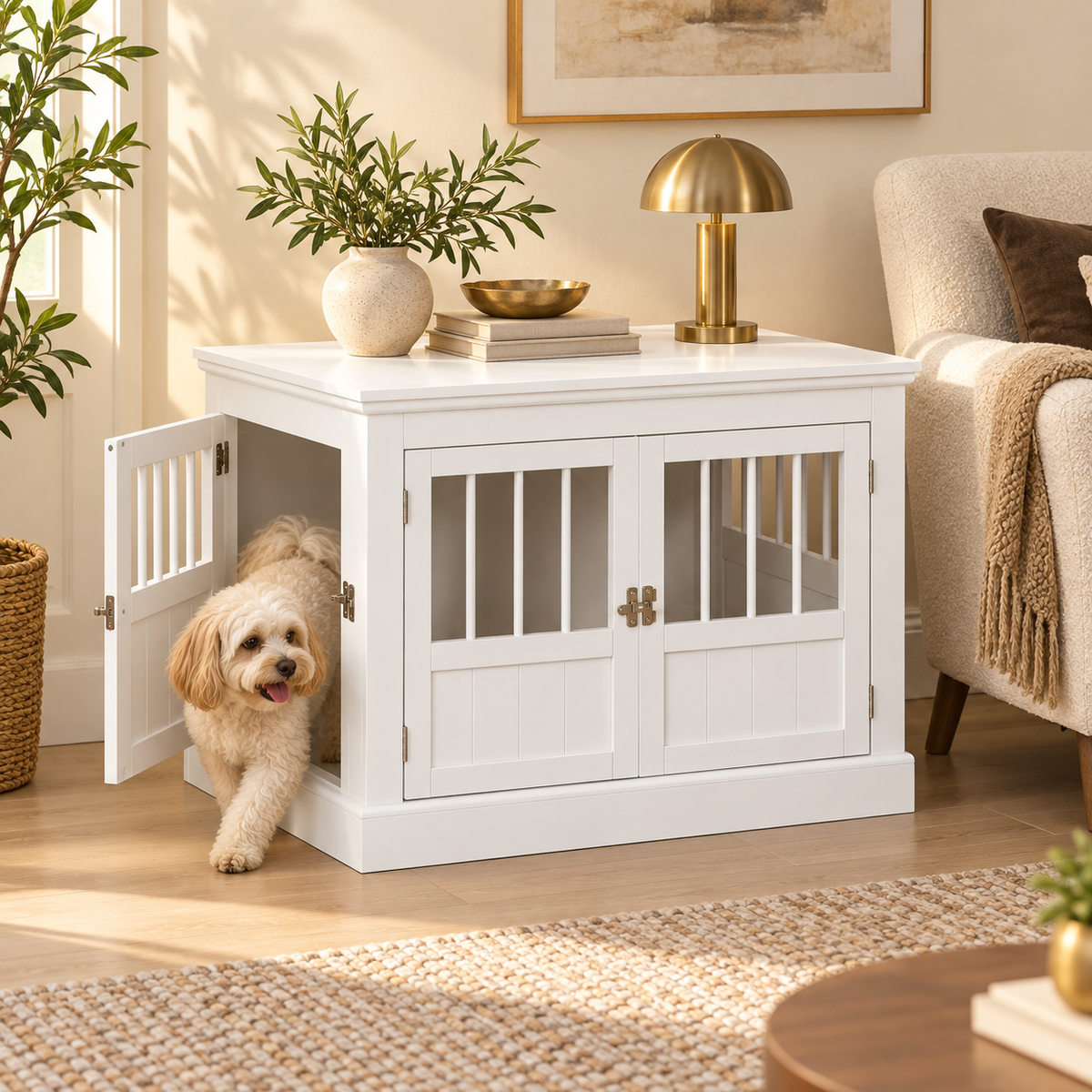 Fluffy cream dog stepping out of the open side door of a white wooden triple-door dog crate table in a living room