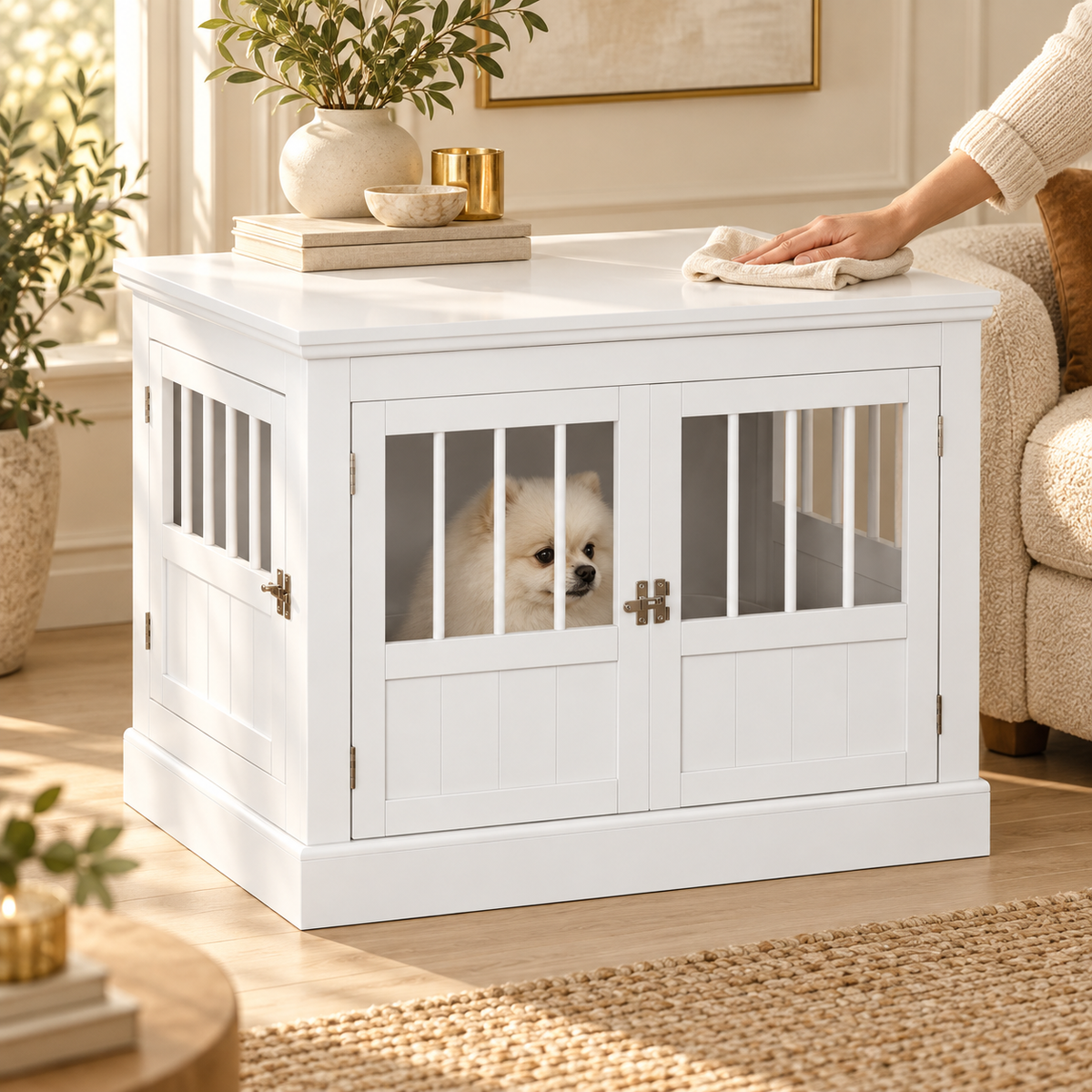 Person wiping the white tabletop of a wooden dog crate table while a small fluffy dog rests behind the front doors