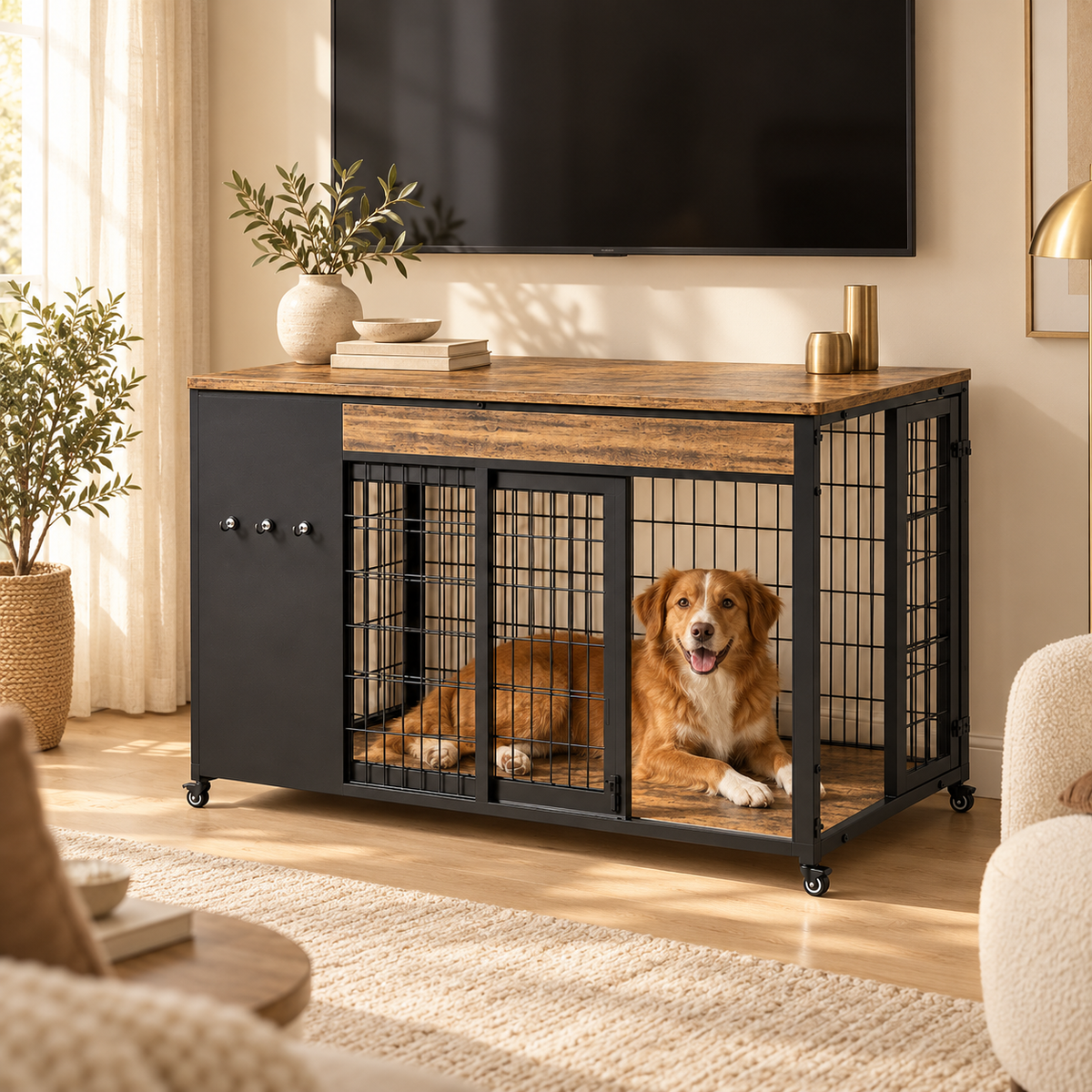 Golden dog resting inside a rustic brown and black metal sliding-door dog crate table on wheels under a wall TV