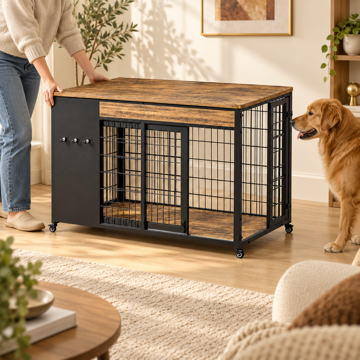 Person rolling a rustic brown and black dog crate table on wheels forward while a golden retriever watches