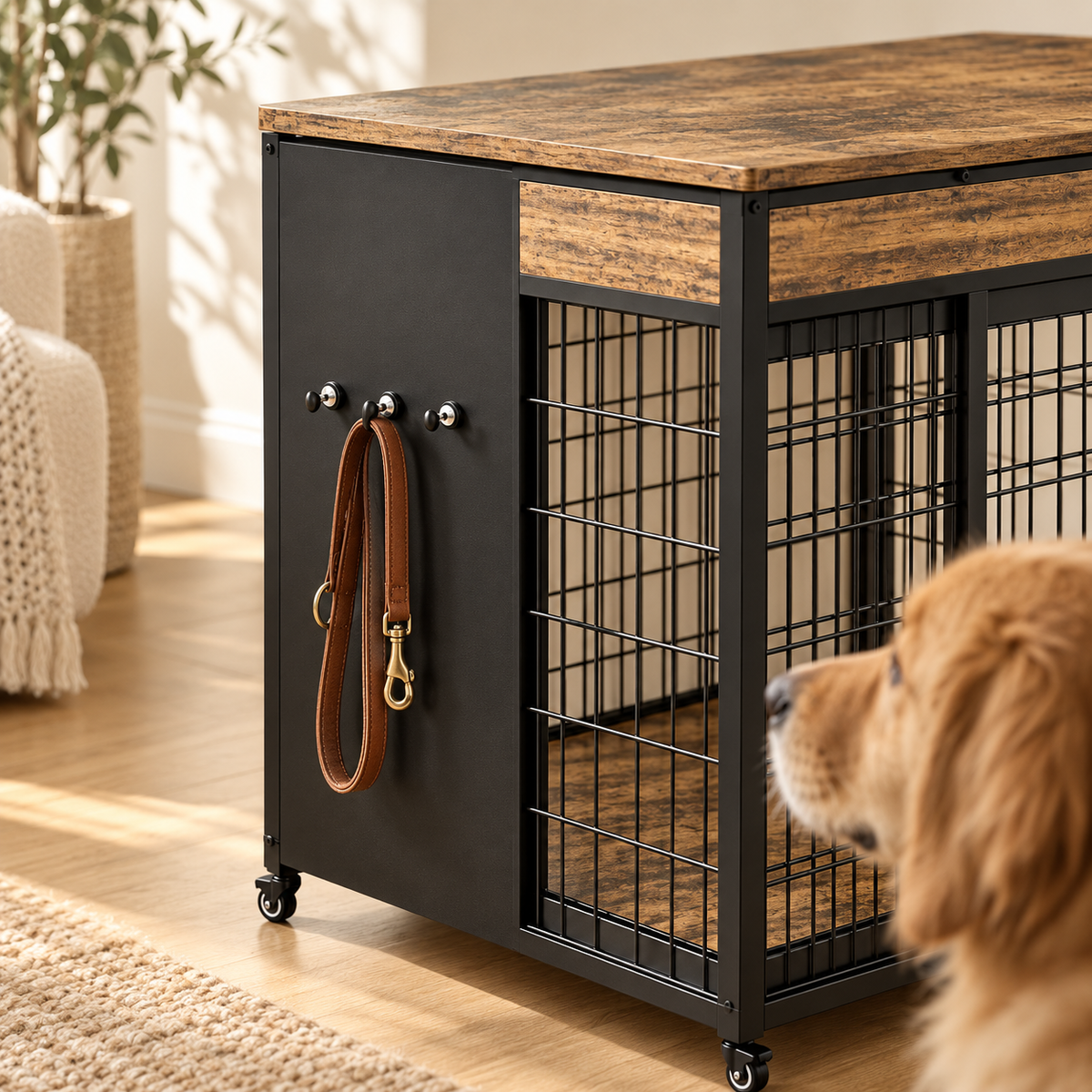 Close-up of a black dog crate table with wire door, rustic wood top and a brown leash hanging on a hook, dog nearby