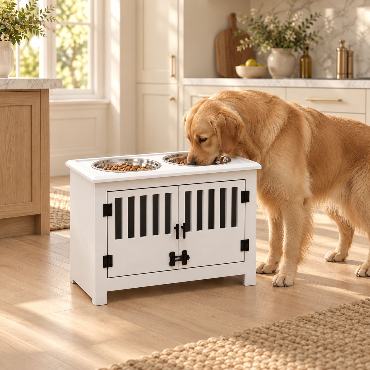 Golden retriever eating from a stainless steel bowl on a white raised dog feeding cabinet with black slatted doors