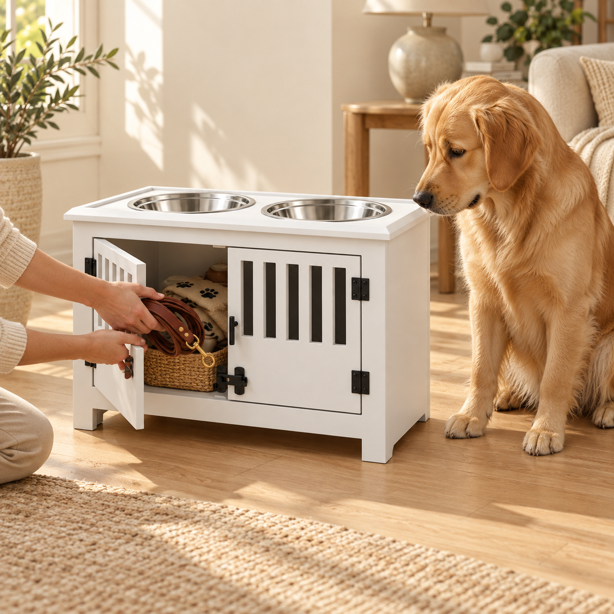 Person placing a leash in a basket inside an open white raised dog feeding cabinet while a golden retriever watches
