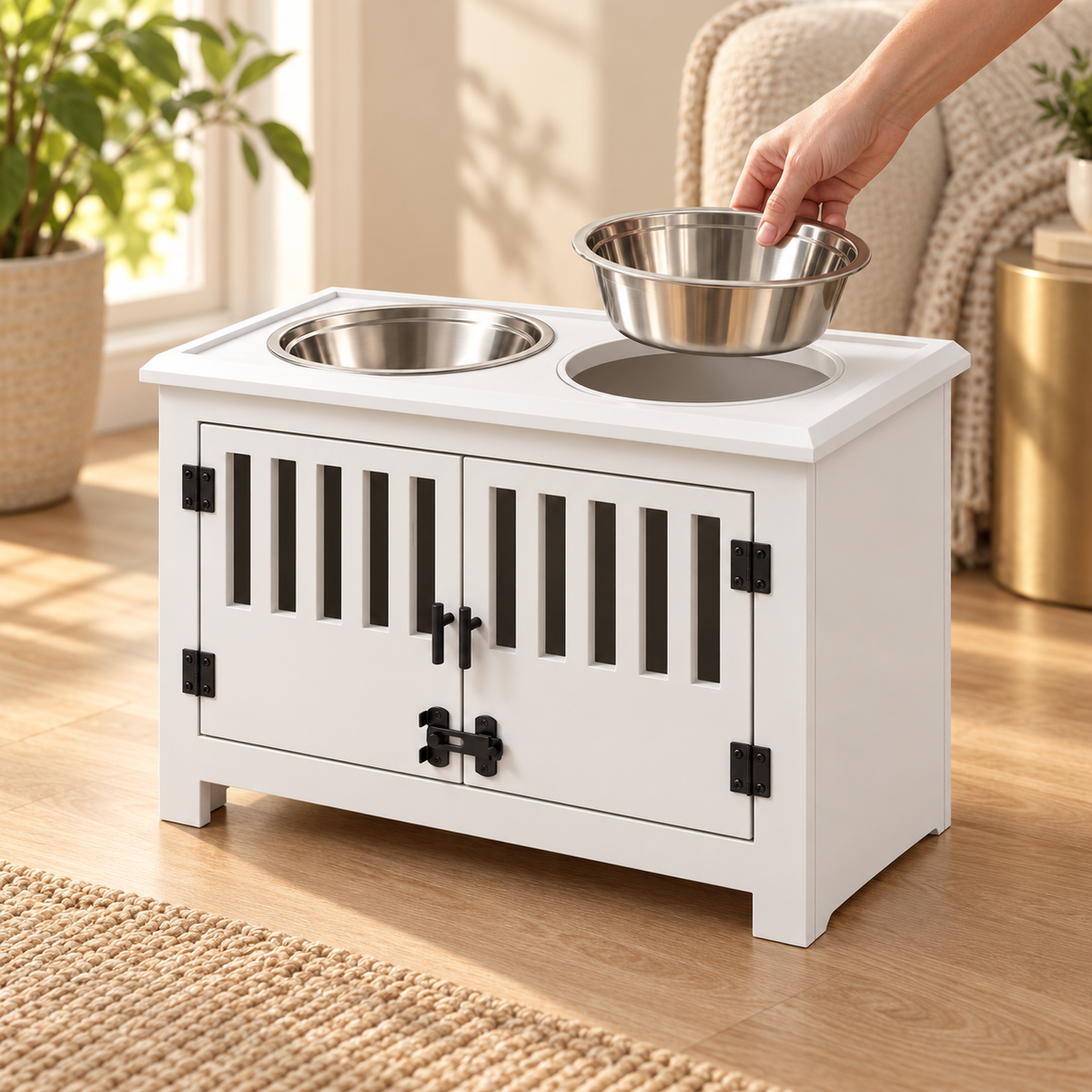 Hand lifting a stainless steel bowl out of the white raised dog feeding cabinet with two black-latched slatted doors