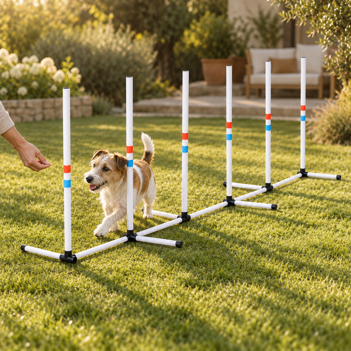 Terrier weaving through six white poles with red and blue bands while an adult guides the dog across a lawn.