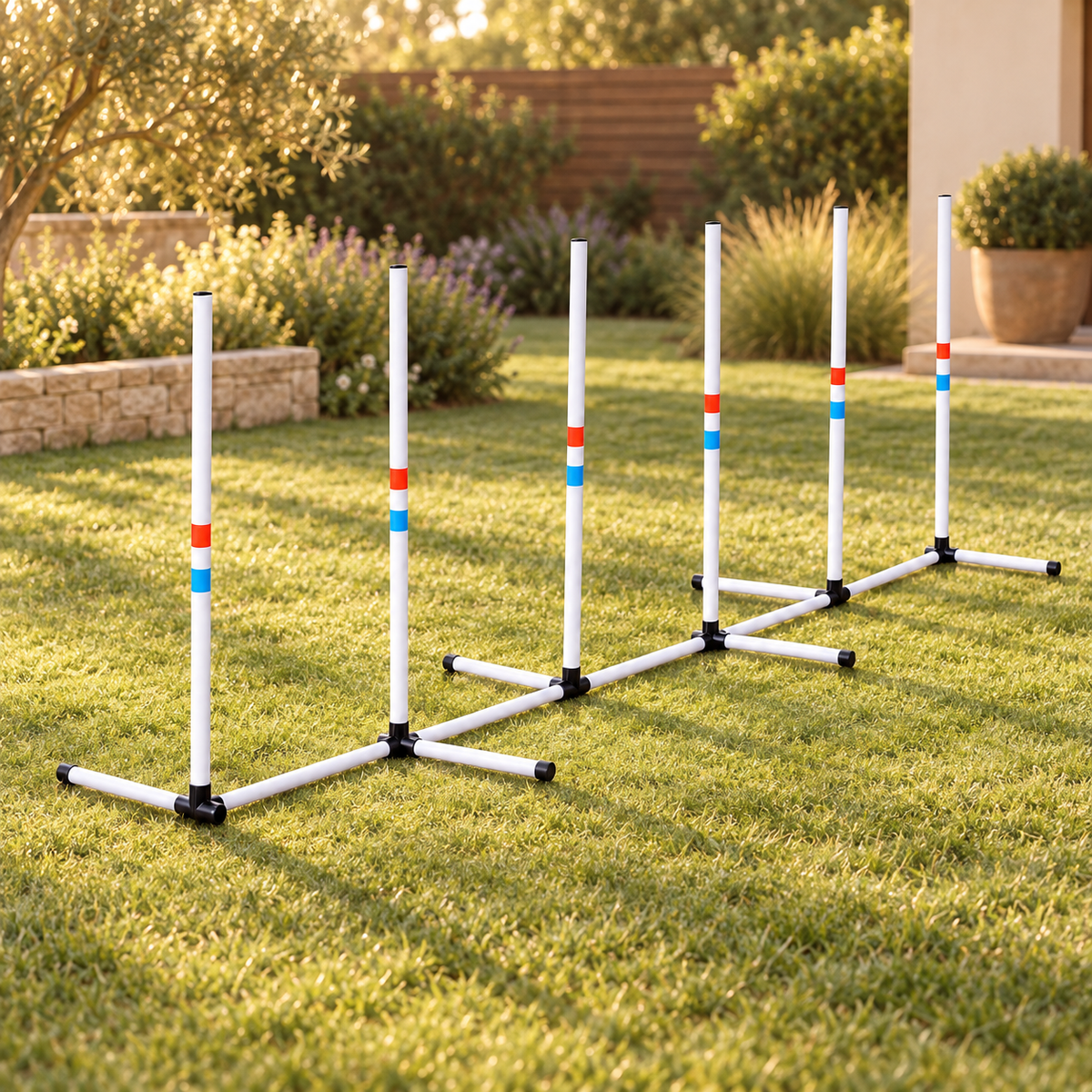 Six white weave poles with red and blue bands on short grass, showing the full linked rail and alternating footbars.