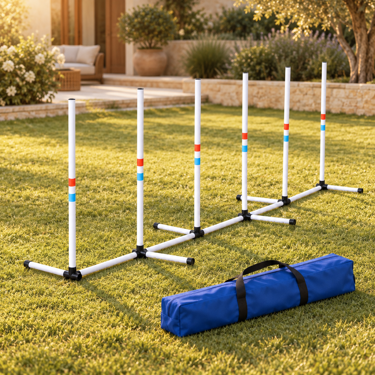 Six white weave poles on a linked base beside the included long blue carry bag with black straps on a lawn.