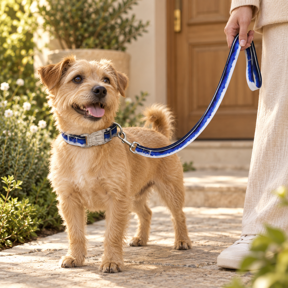 Tan dog on a garden path wearing a navy-and-white collar while a person holds the matching leash
