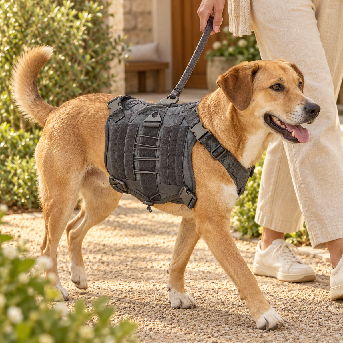 Tan dog wearing a gray cord-laced harness and leash beside a person on a sunny garden path