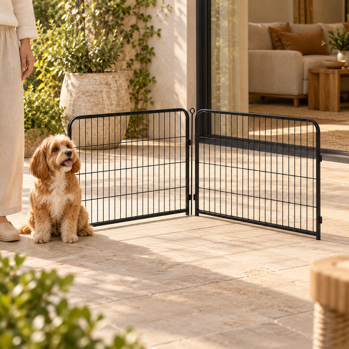 Small dog beside two low black metal panels joined at an angle on a pale patio, with an adult standing nearby.