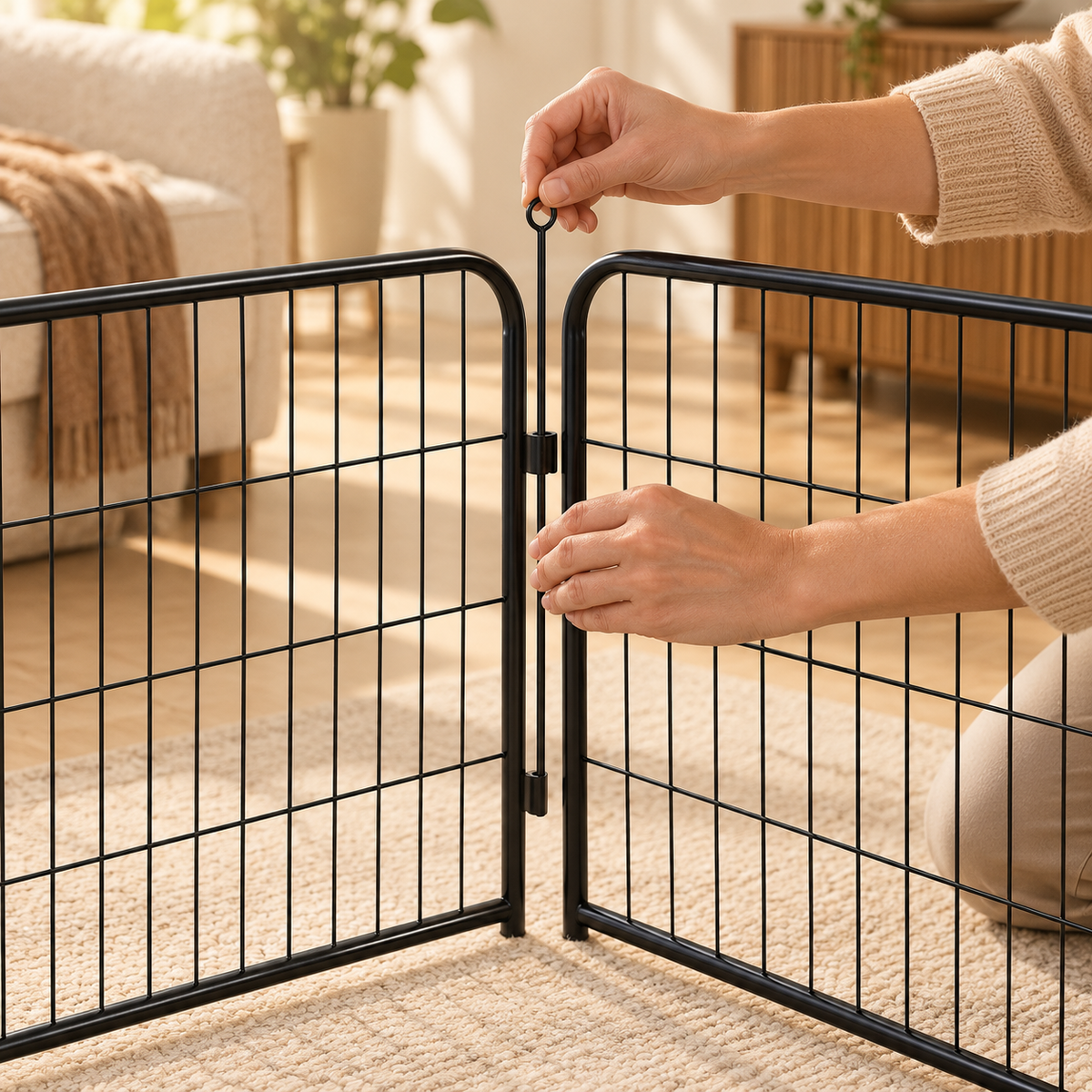 Hands guide a slender black loop-top rod into the side fittings between two angled wire extension panels.
