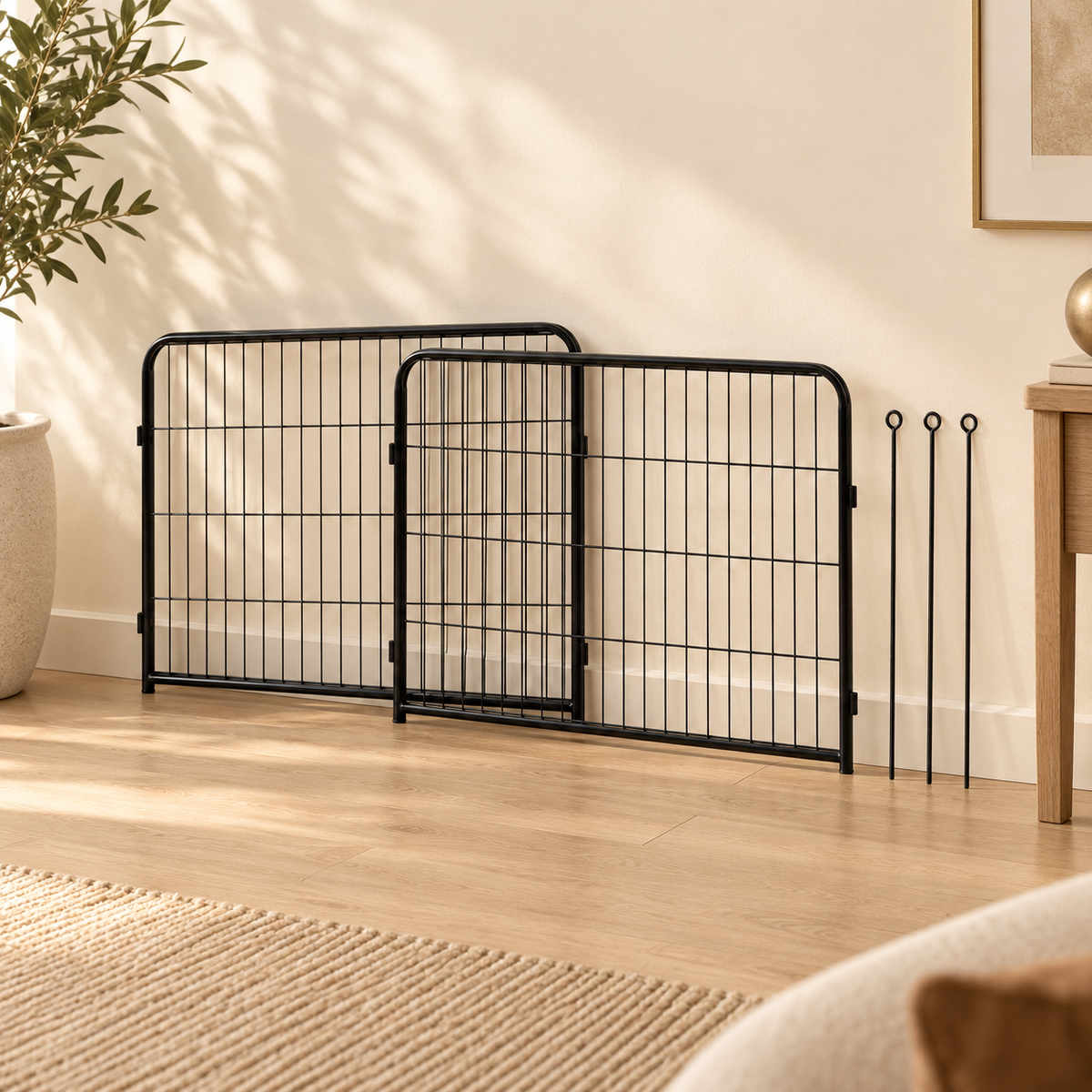 Two black wire extension panels overlap against a cream wall, with three loop-top connecting rods at the side.