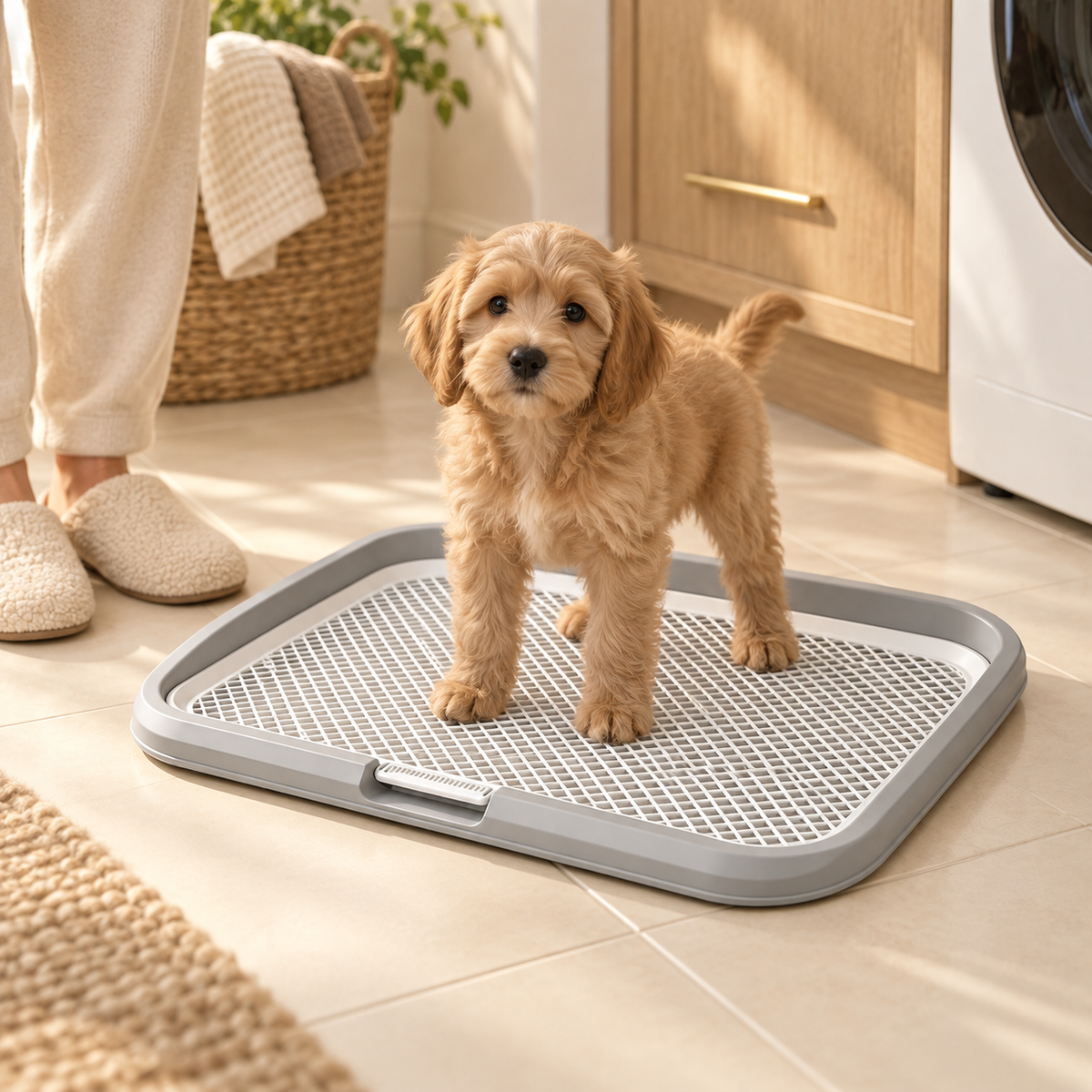 Tan puppy standing on the white grid of a gray dog potty tray with a person nearby