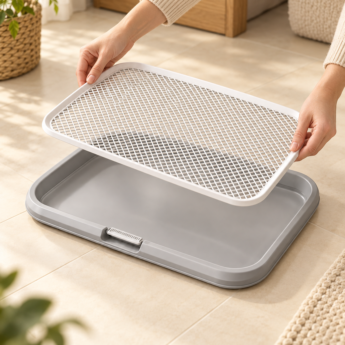Two hands lifting a white grid above the empty gray base of a rectangular dog potty tray