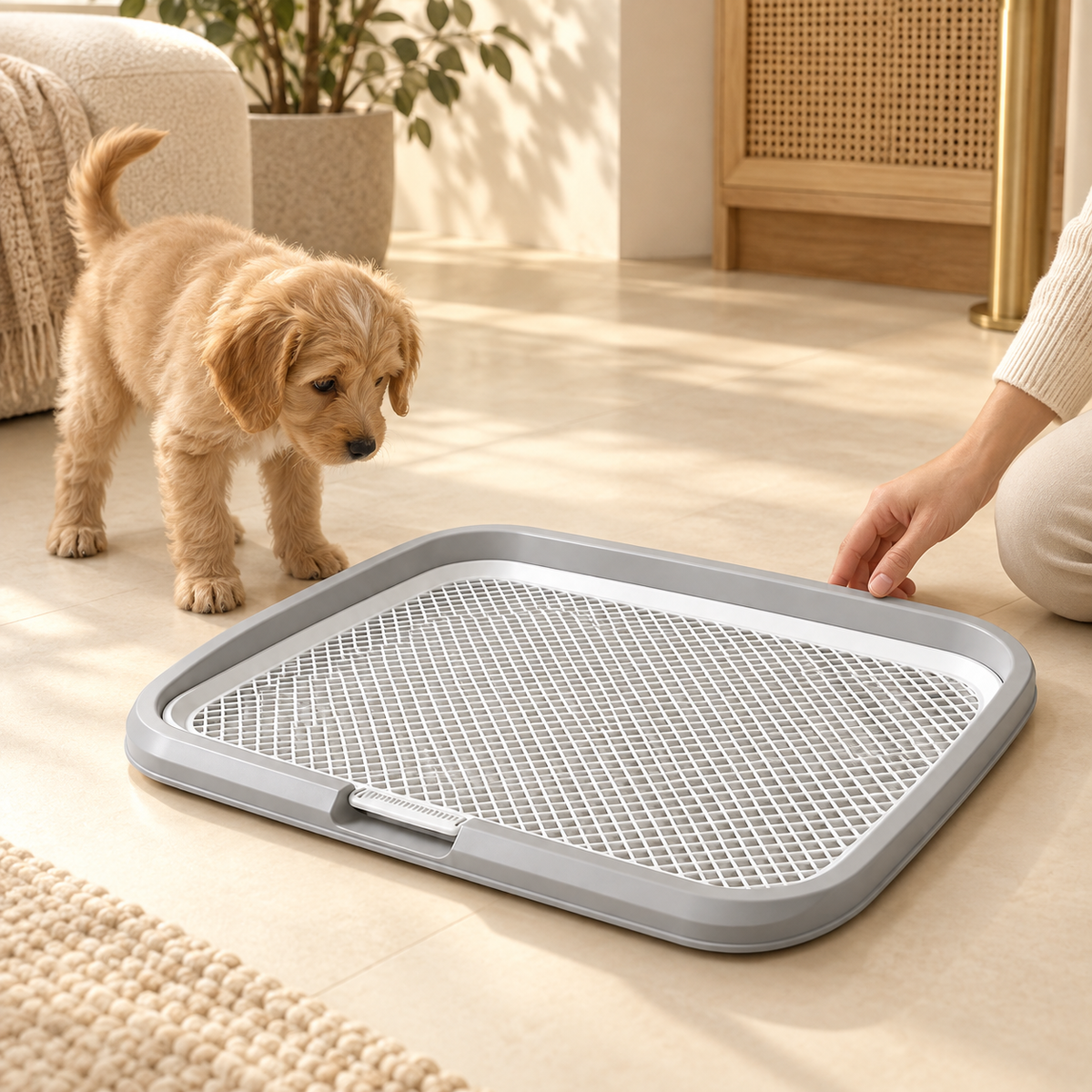 Person positioning a gray potty tray on the floor while a tan puppy watches beside it