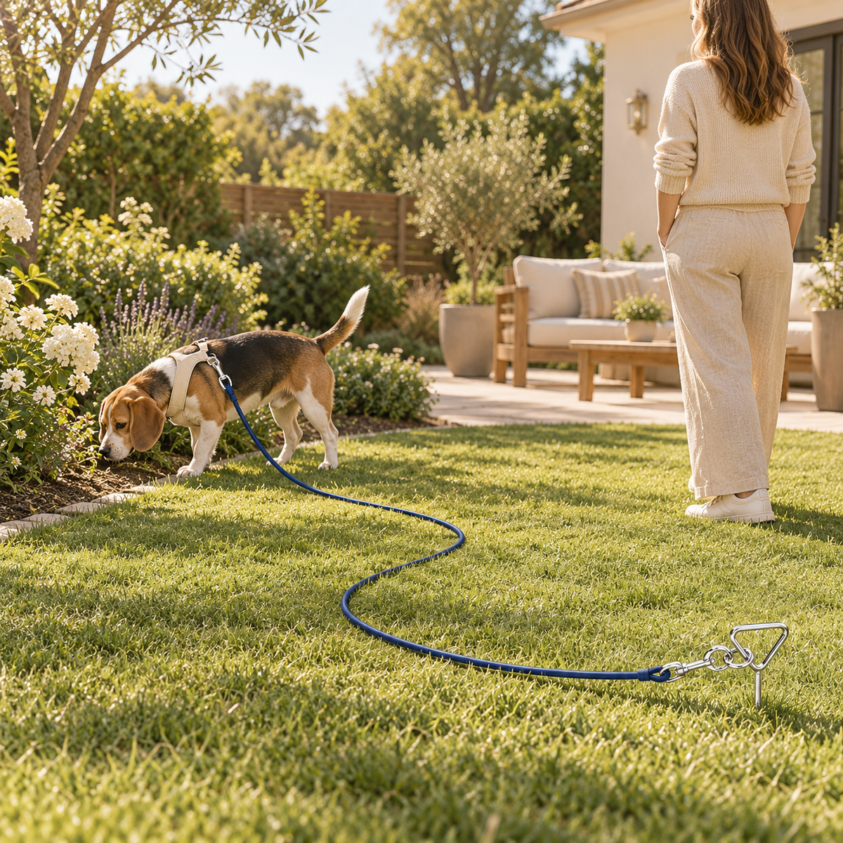 Beagle in a harness sniffing a flower bed on a long navy leash staked in the lawn, owner nearby