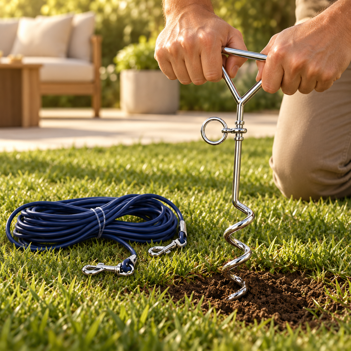 Hands twisting a silver spiral stake into a green lawn with a coiled navy leash lying beside it