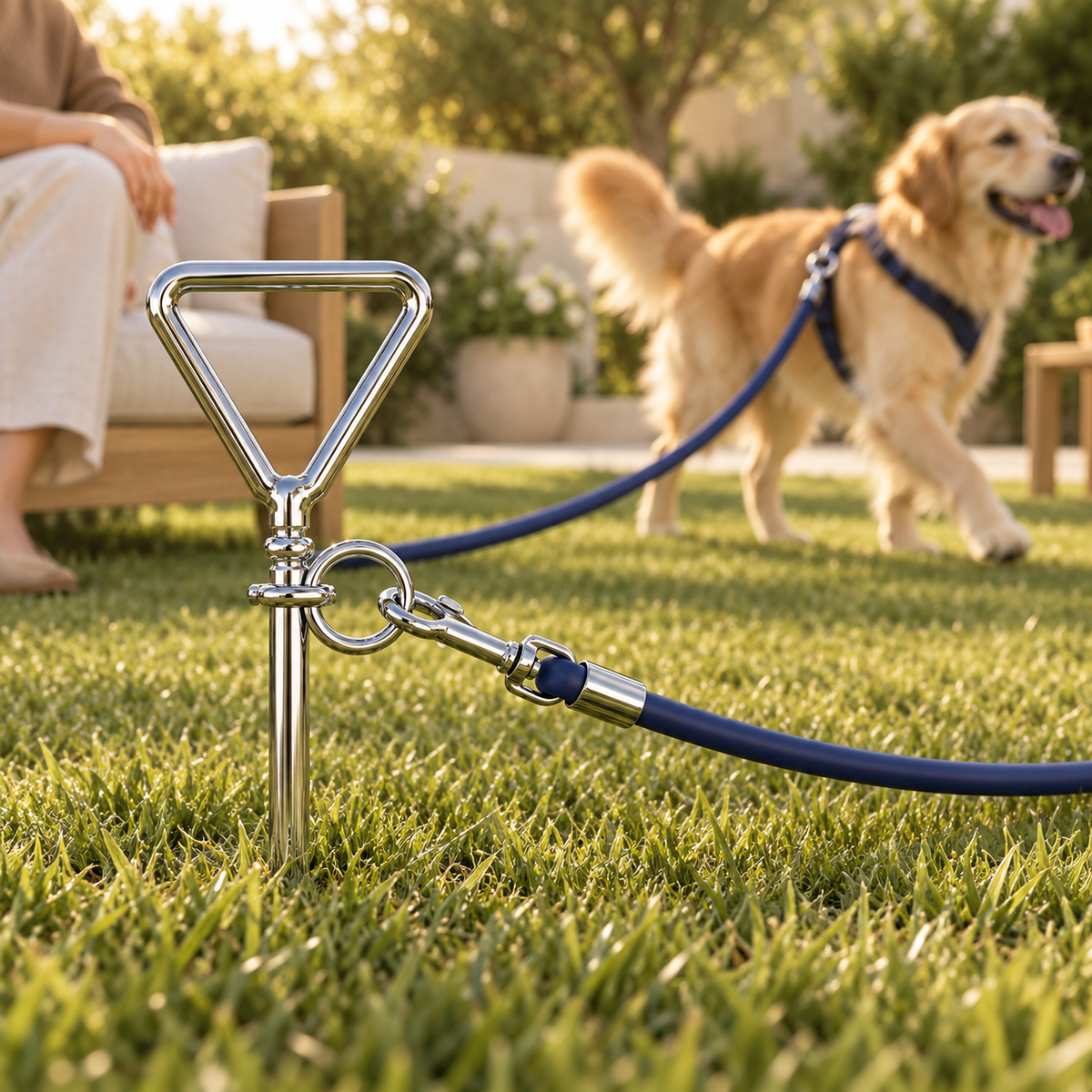 Swivel ring and triangle handle of a stake in the lawn as a dog in a harness trots on the leash