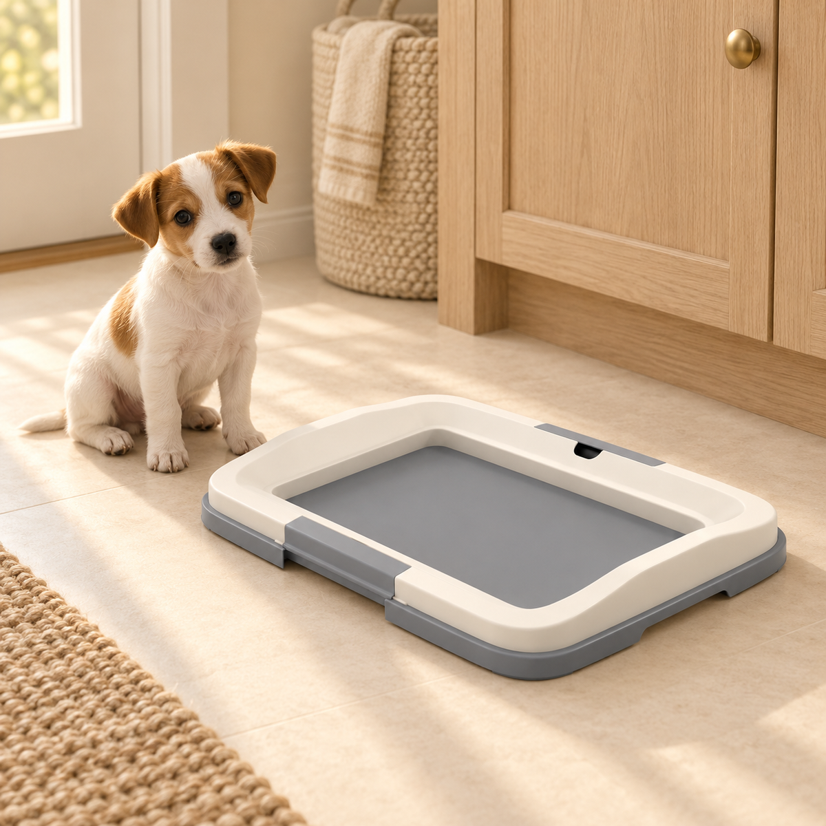 Brown and white puppy sitting beside the empty gray pad tray with its white retaining frame in a bright home.