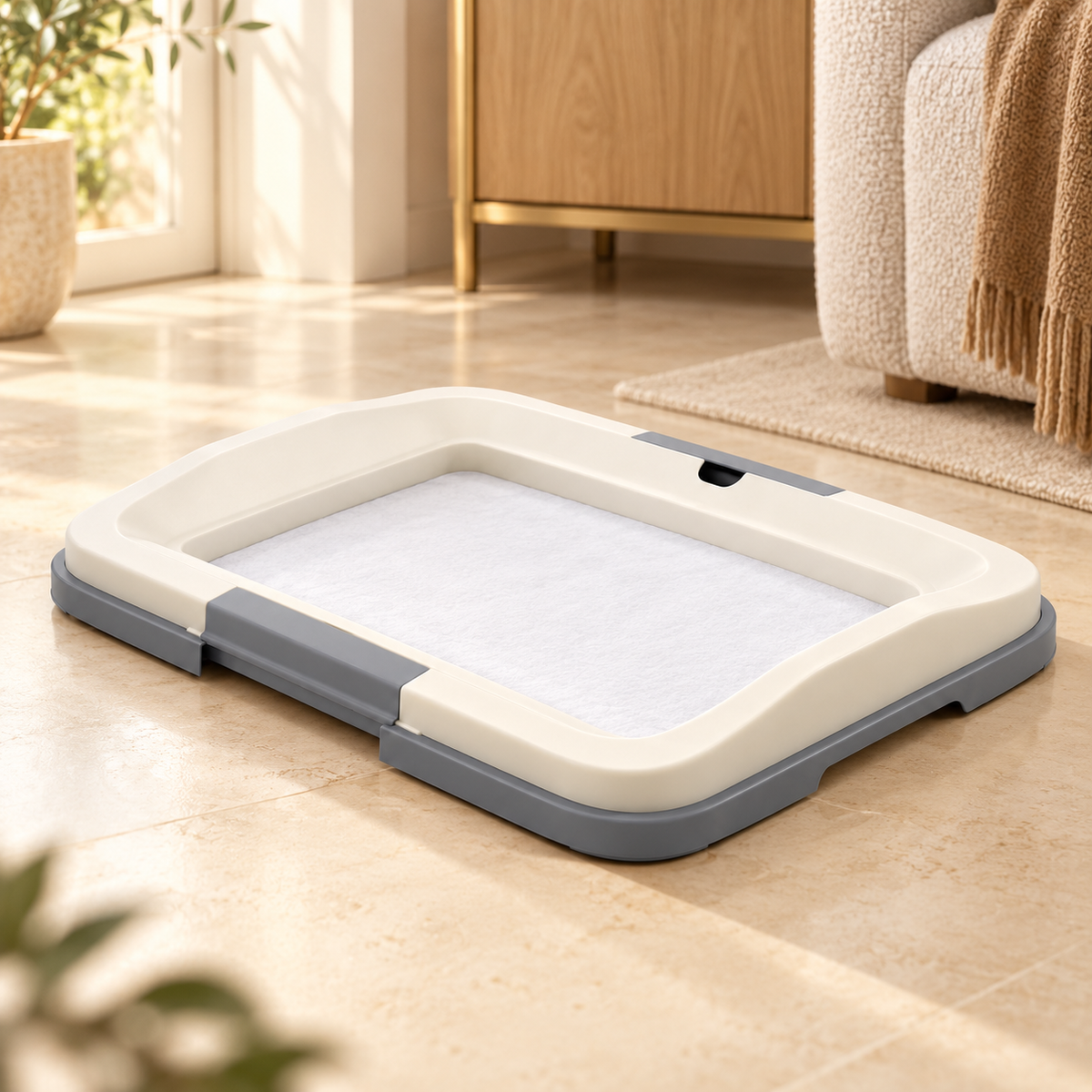 White absorbent pad fitted beneath the white frame of a gray training-pad holder on a warm stone floor.