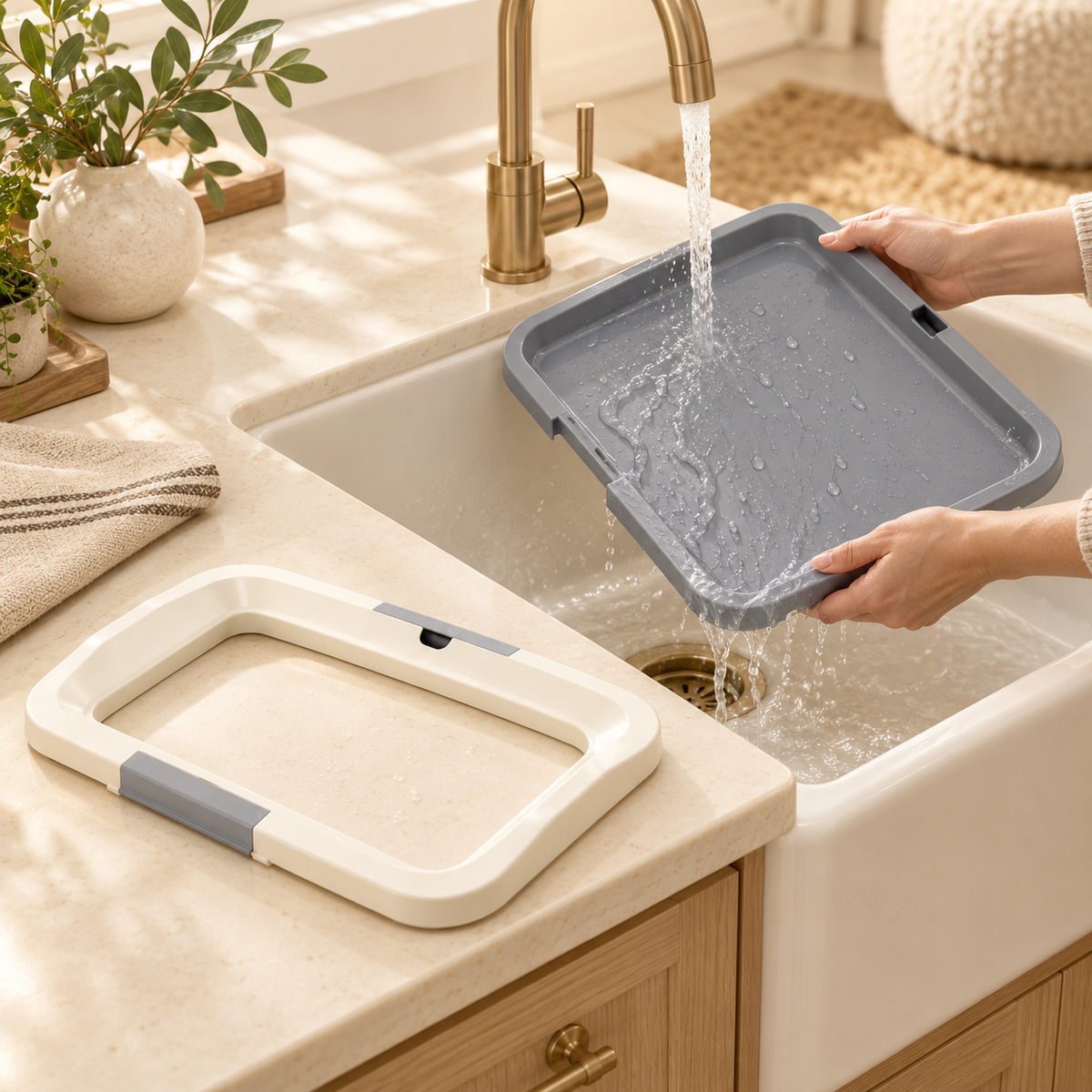 Hands rinse the detached gray tray under a kitchen tap while the removable white retaining frame rests nearby.