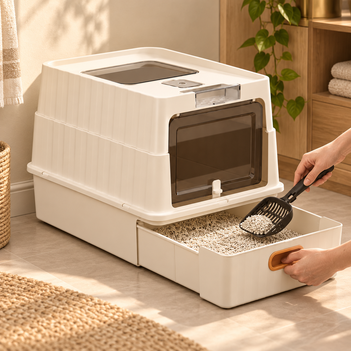 Hand scooping clumping litter from the pull-out drawer of a white enclosed cat litter box with a smoked front door