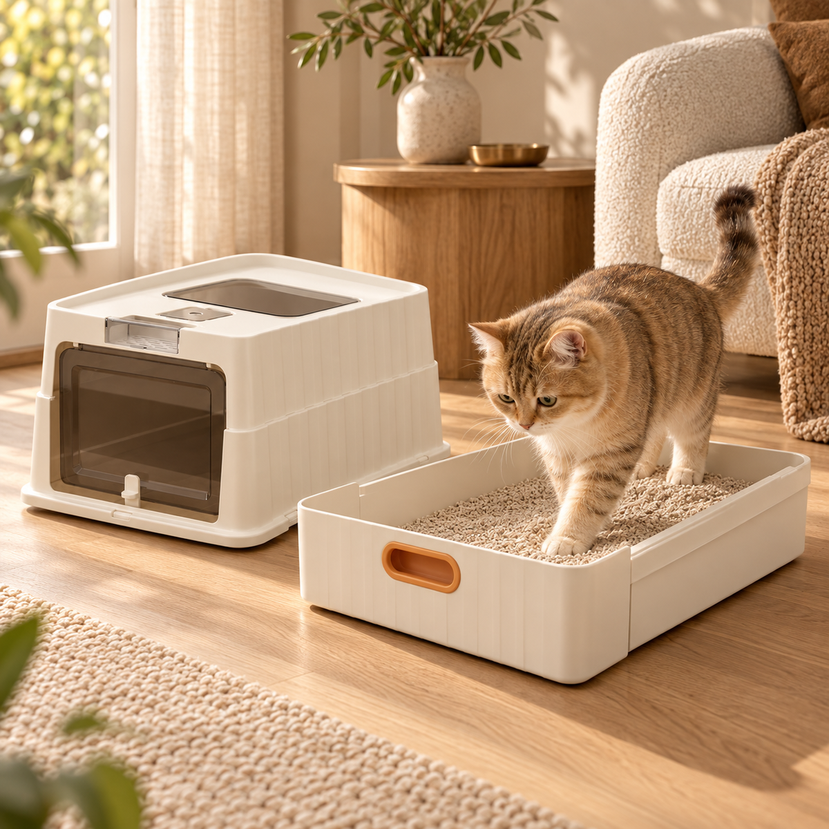 Orange tabby cat stepping into the pulled-out litter drawer of a white enclosed cat litter box with an orange handle