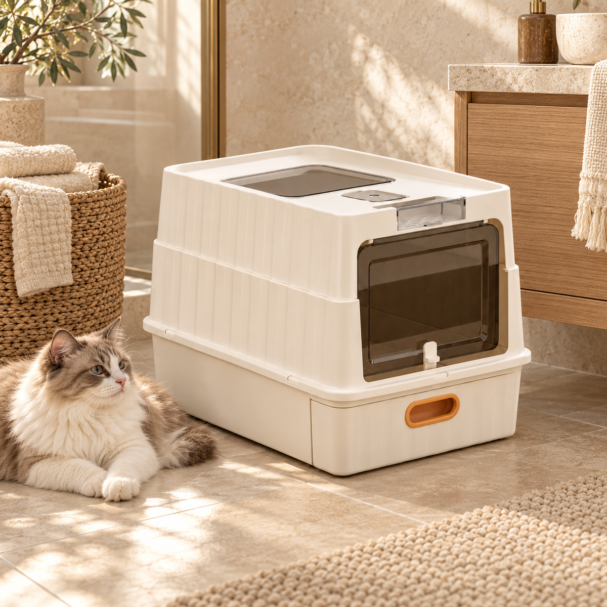 Fluffy gray and white cat lounging on a tile floor next to a white enclosed cat litter box with an orange drawer pull