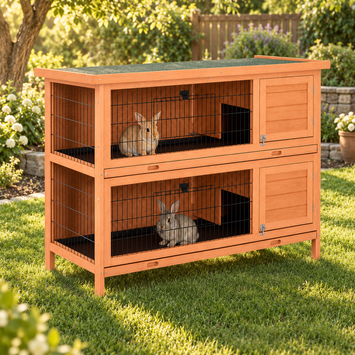 Two rabbits in a two-story fir-wood hutch on a garden lawn, one on each level behind the black wire fronts