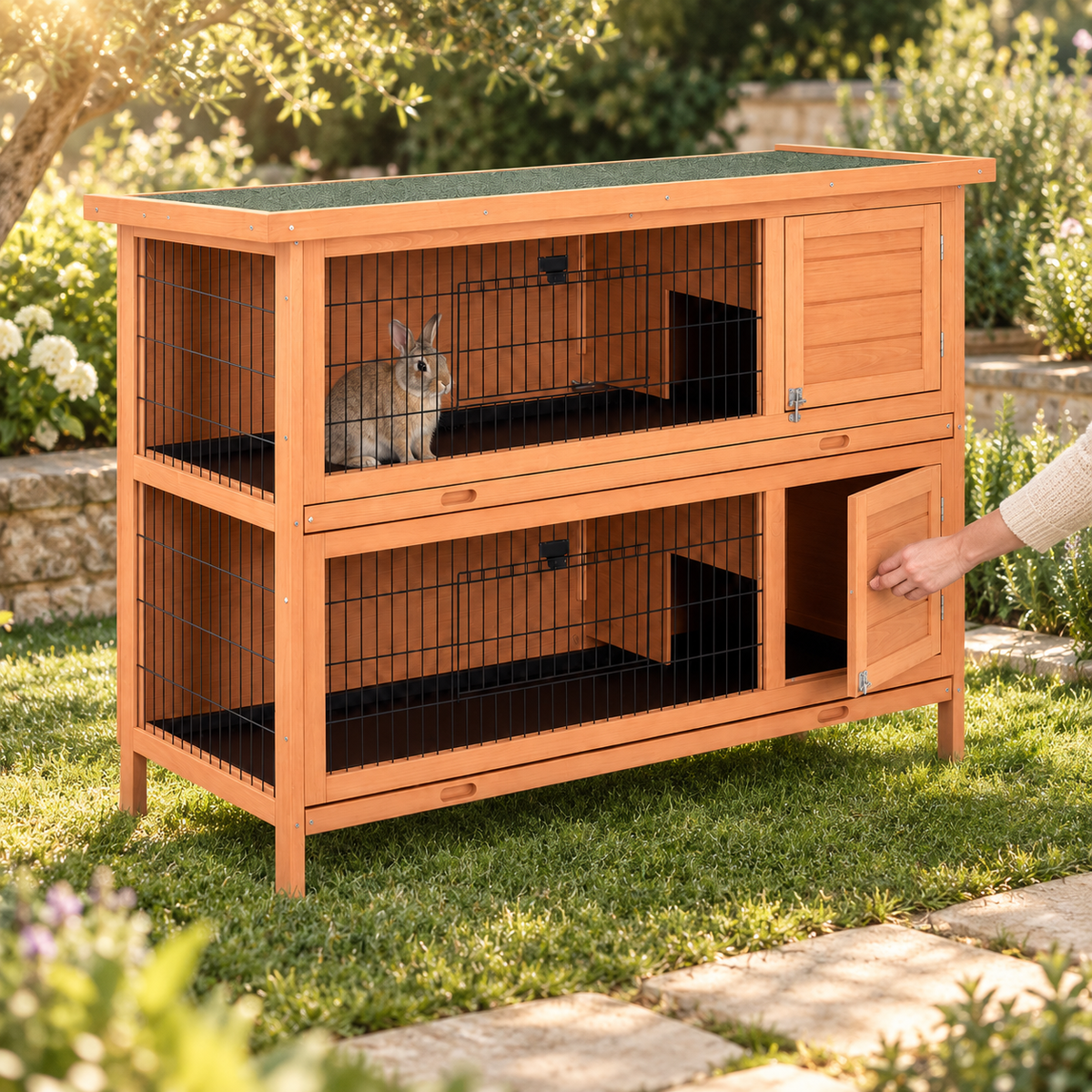 Hand opening the plank door of the lower closed room on a two-story natural wood rabbit hutch in a garden