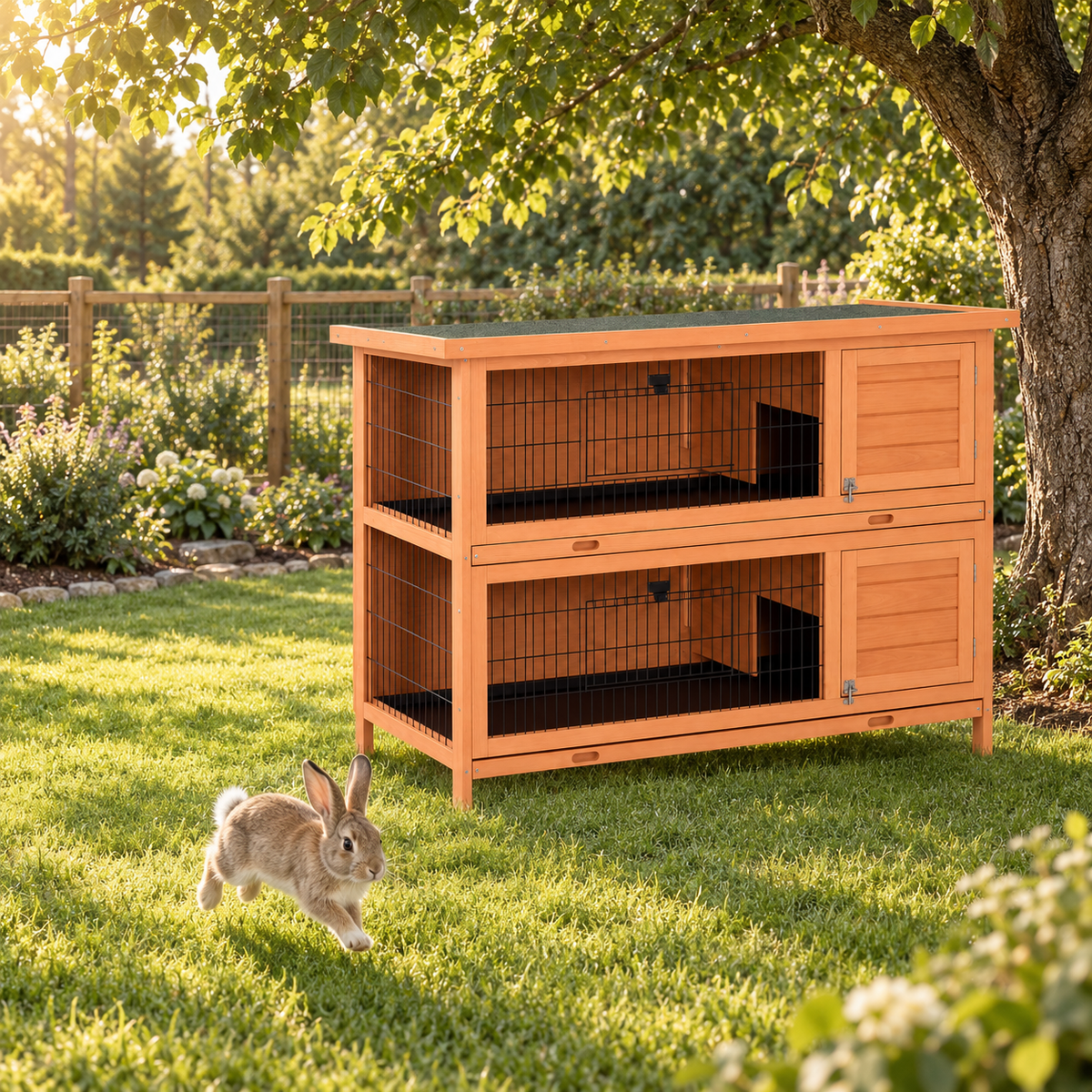 Brown rabbit hopping on a fenced lawn under a tree in front of a two-story natural wood rabbit hutch