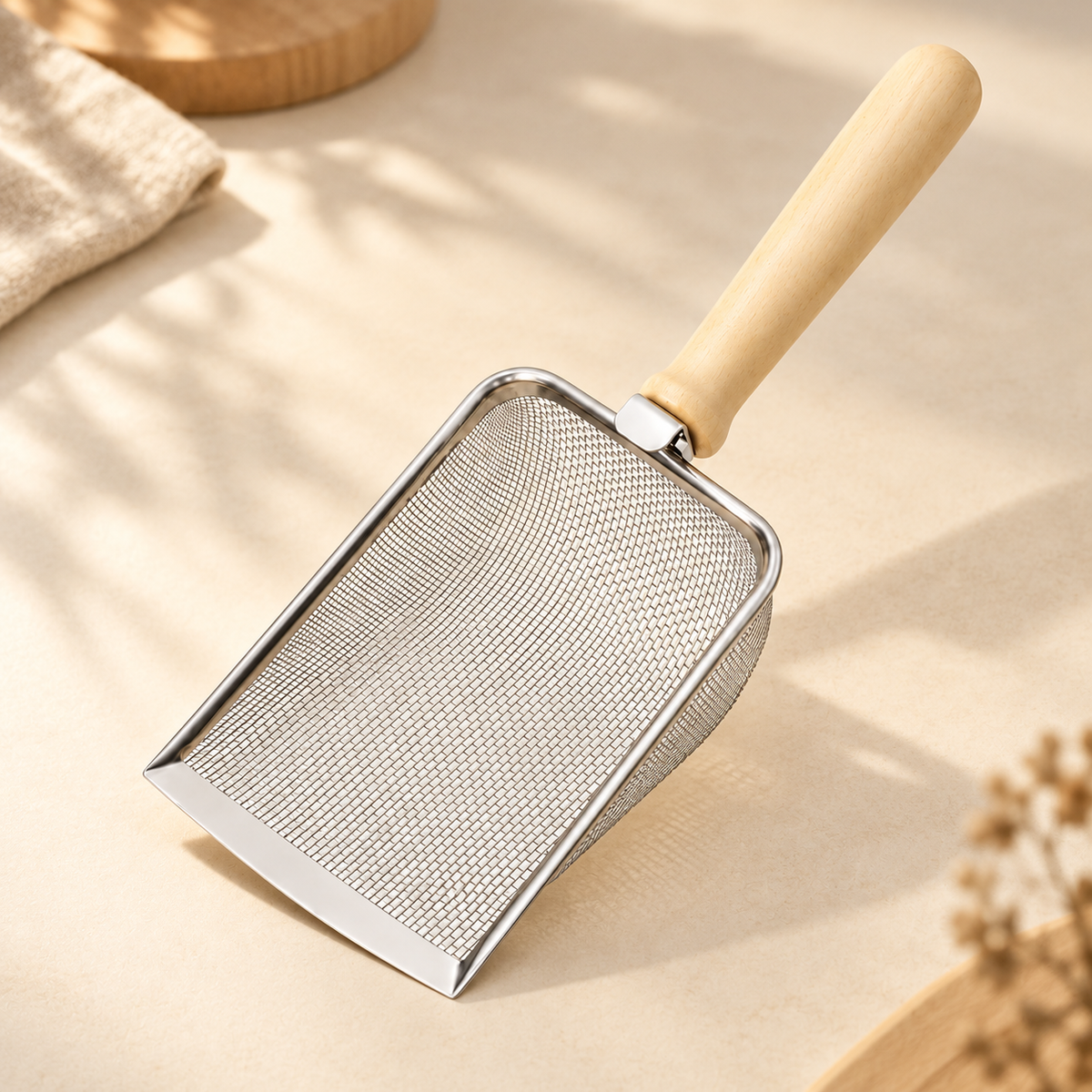 Fine woven steel mesh head, shallow rim and wooden handle of a litter scoop resting on a cream surface