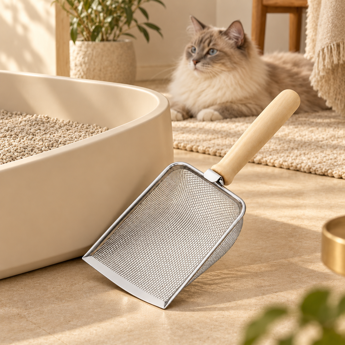Wood-handled mesh scoop leaning beside a cream litter tray, with a relaxed long-haired cat in the background