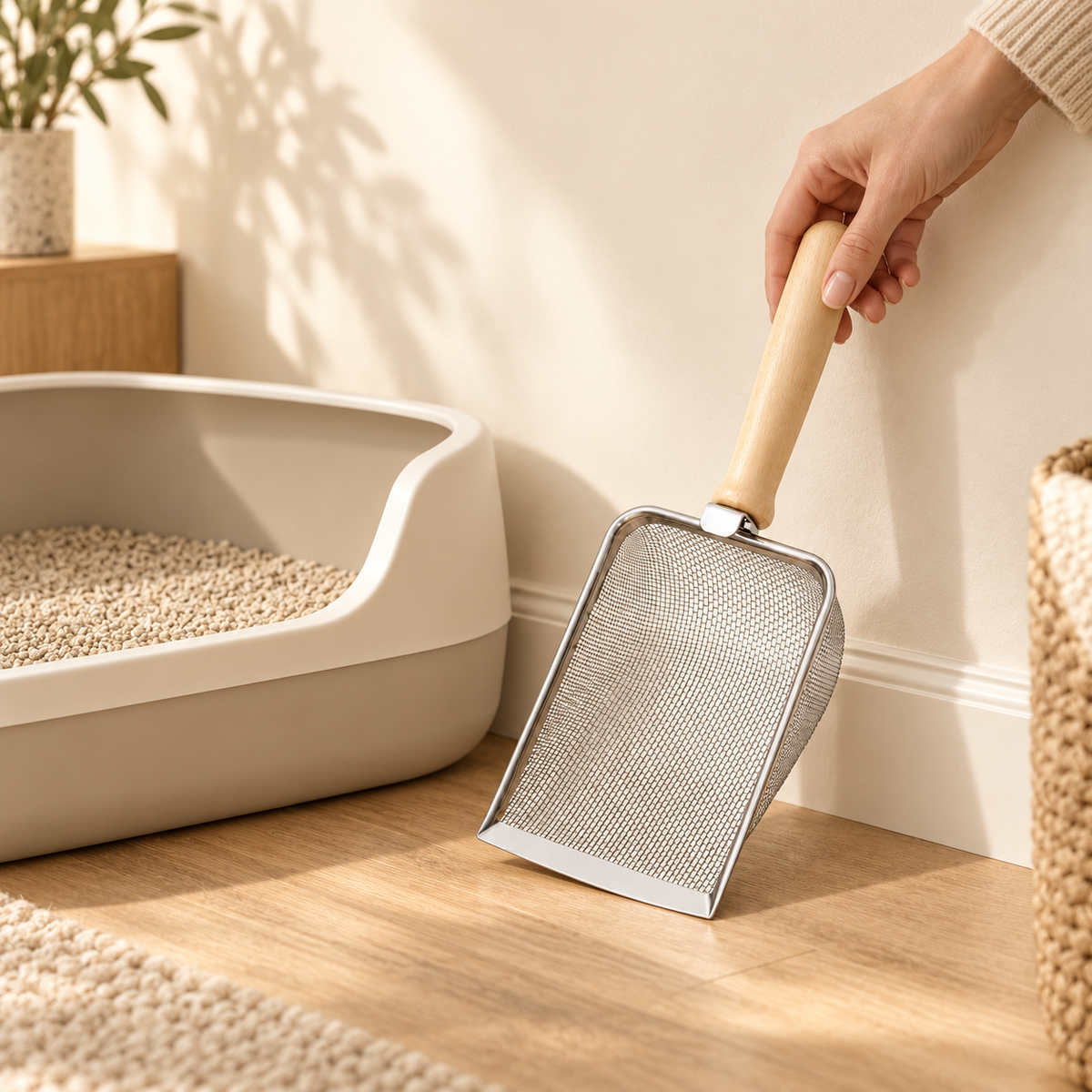 Hand setting a fine mesh scoop with a light wood handle beside a cat litter tray on a warm wood floor