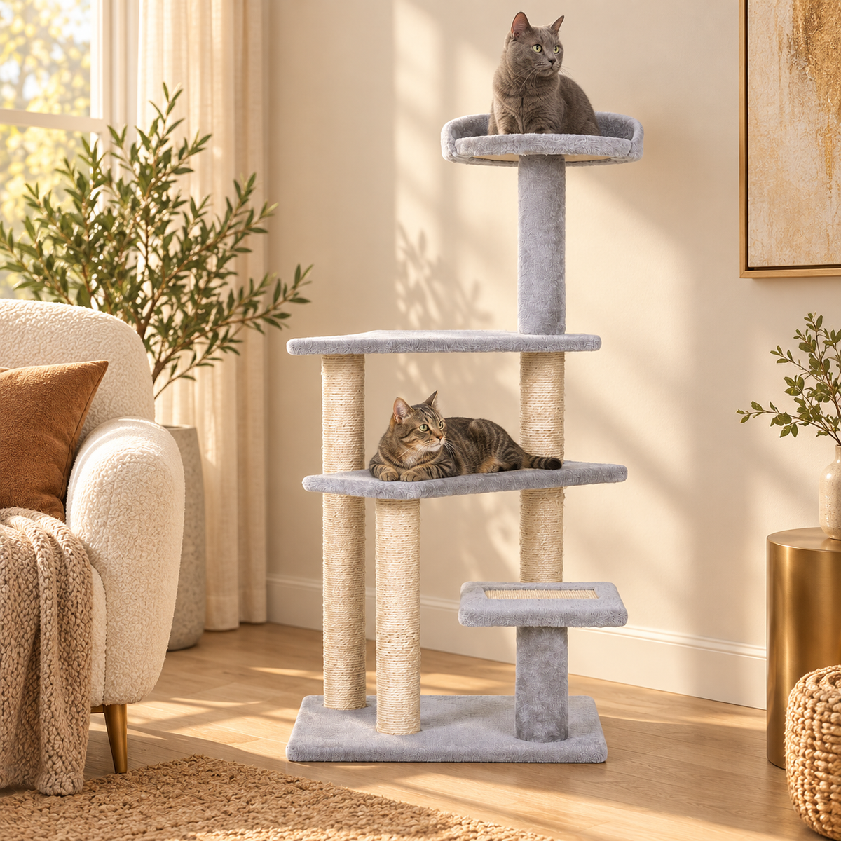 Tabby cat lying on the middle platform and a gray cat sitting in the top perch of a five-level cat tree