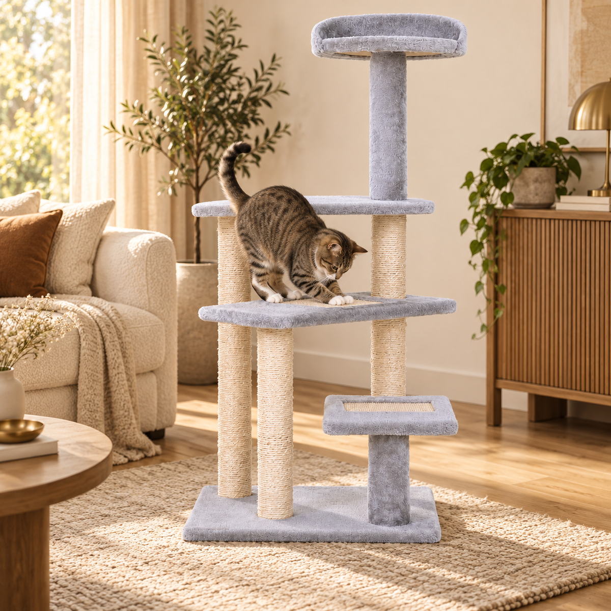Tabby cat scratching the sisal mat on a staggered gray plush platform of a cat tree with sisal posts