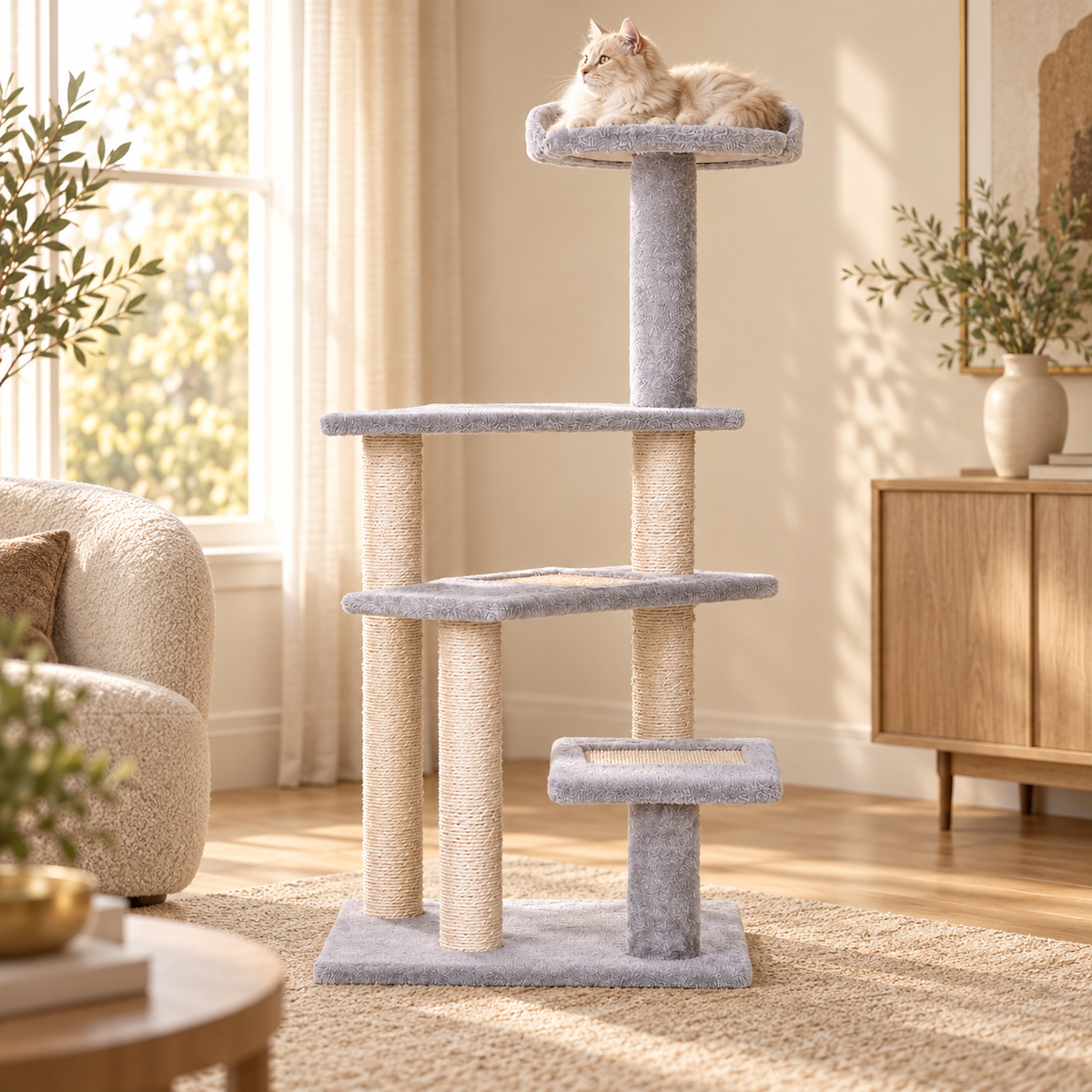 Fluffy cream cat resting in the round rimmed top perch of a light-gray cat tree near a bright window