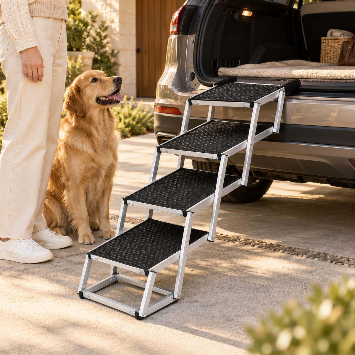 A brown dog waits beside four black dog stairs arranged at the open rear hatch of a parked car.