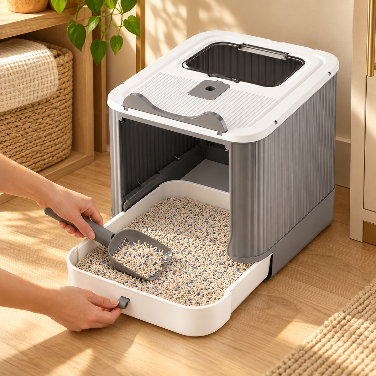 Hand scooping litter from the white pull-out tray of a gray and white foldable cat litter box with a front opening