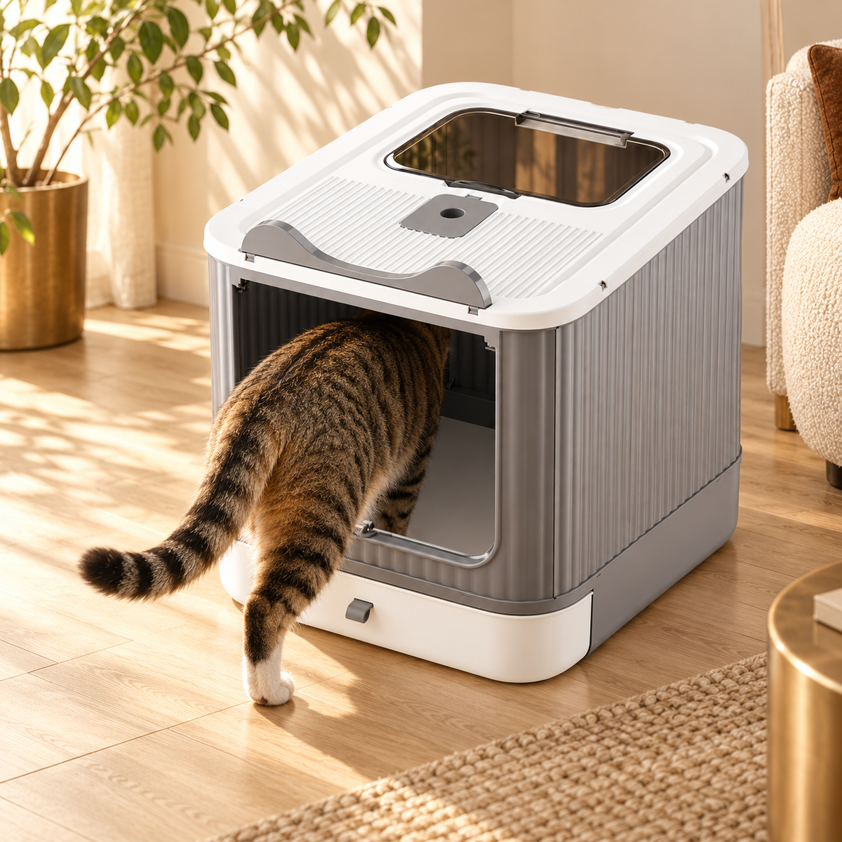 Tabby cat walking through the front opening of a gray and white covered foldable cat litter box on a wood floor