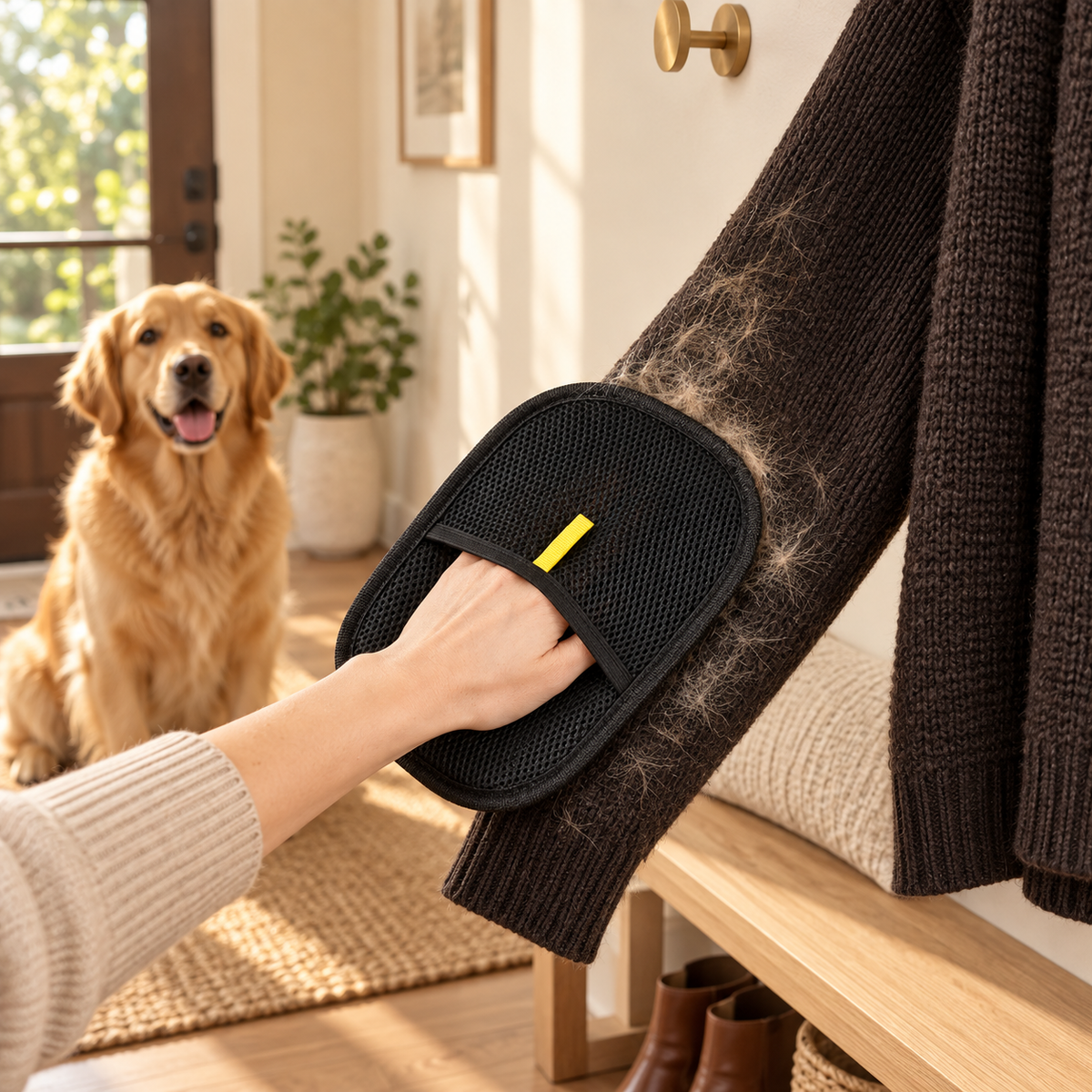 Hand in a black mitt wiping golden dog hair off a dark sweater on an entryway hook