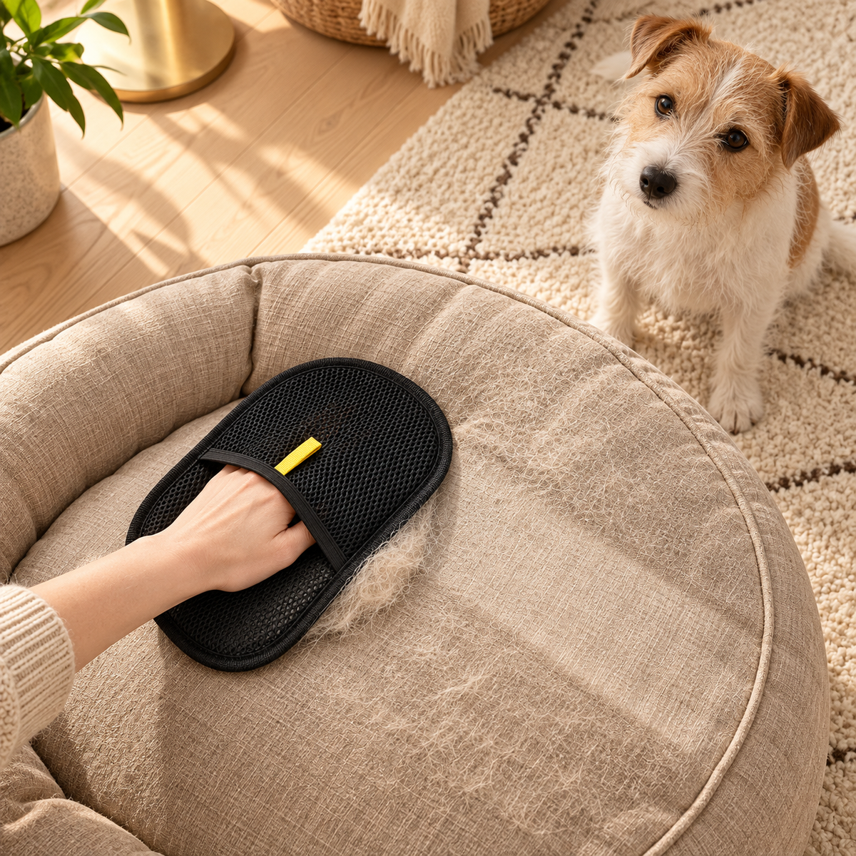 Hand in a brown mitt wiping fur off a linen dog bed while a small terrier watches