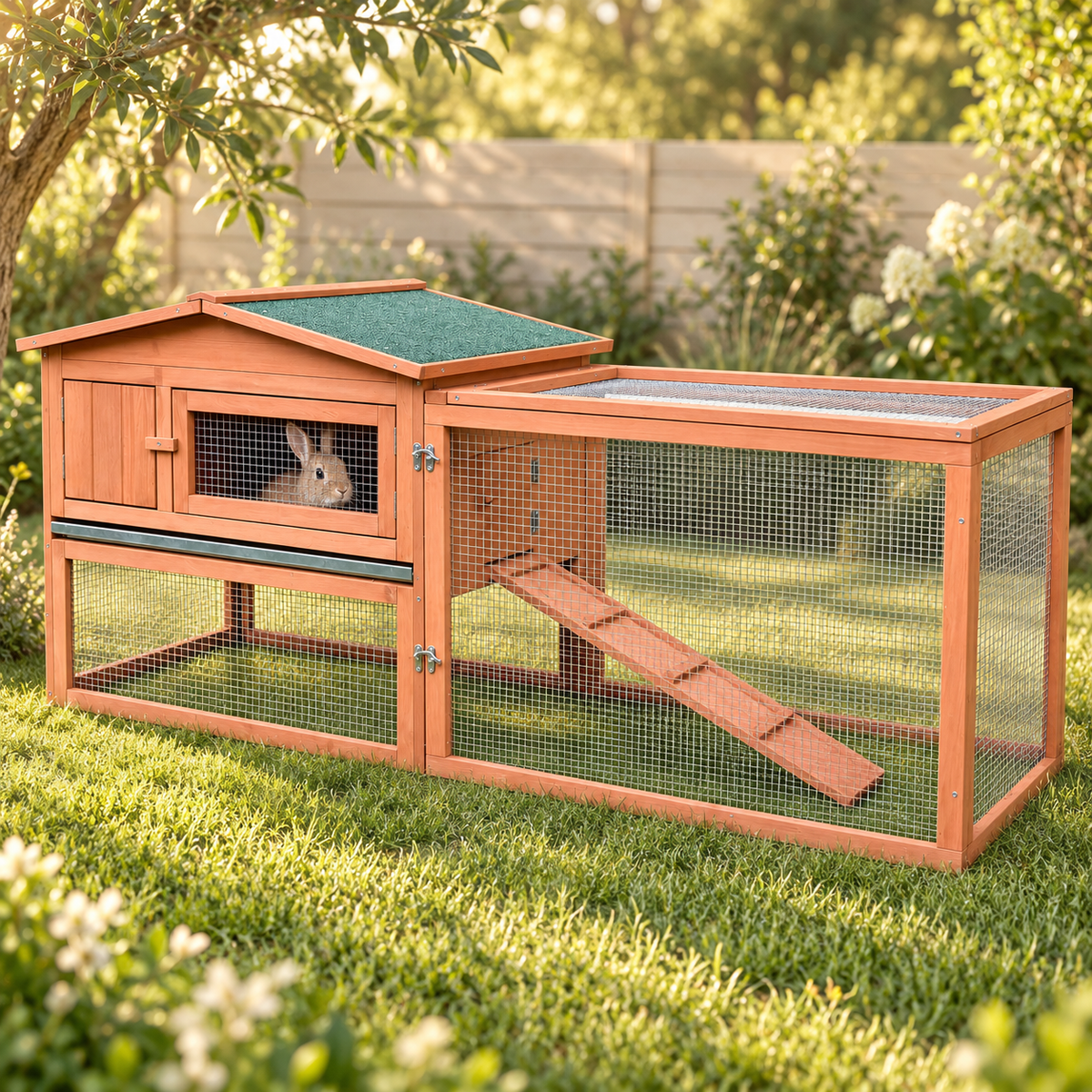 Rabbit peeking out of the mesh window of the raised house on a natural wood rabbit hutch with run on a lawn