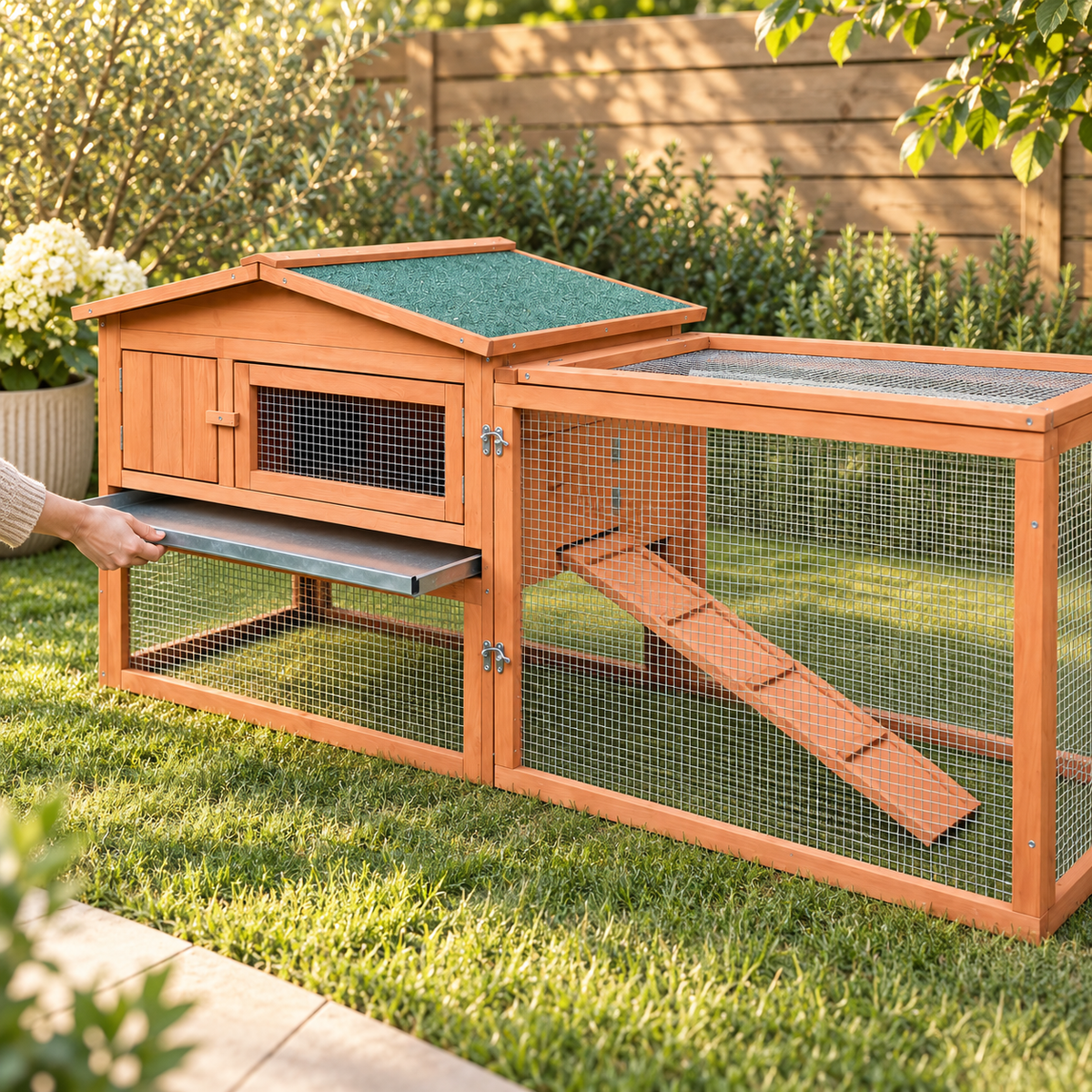 Hand pulling out the slide-out metal tray beneath the raised house of a natural fir-wood rabbit hutch