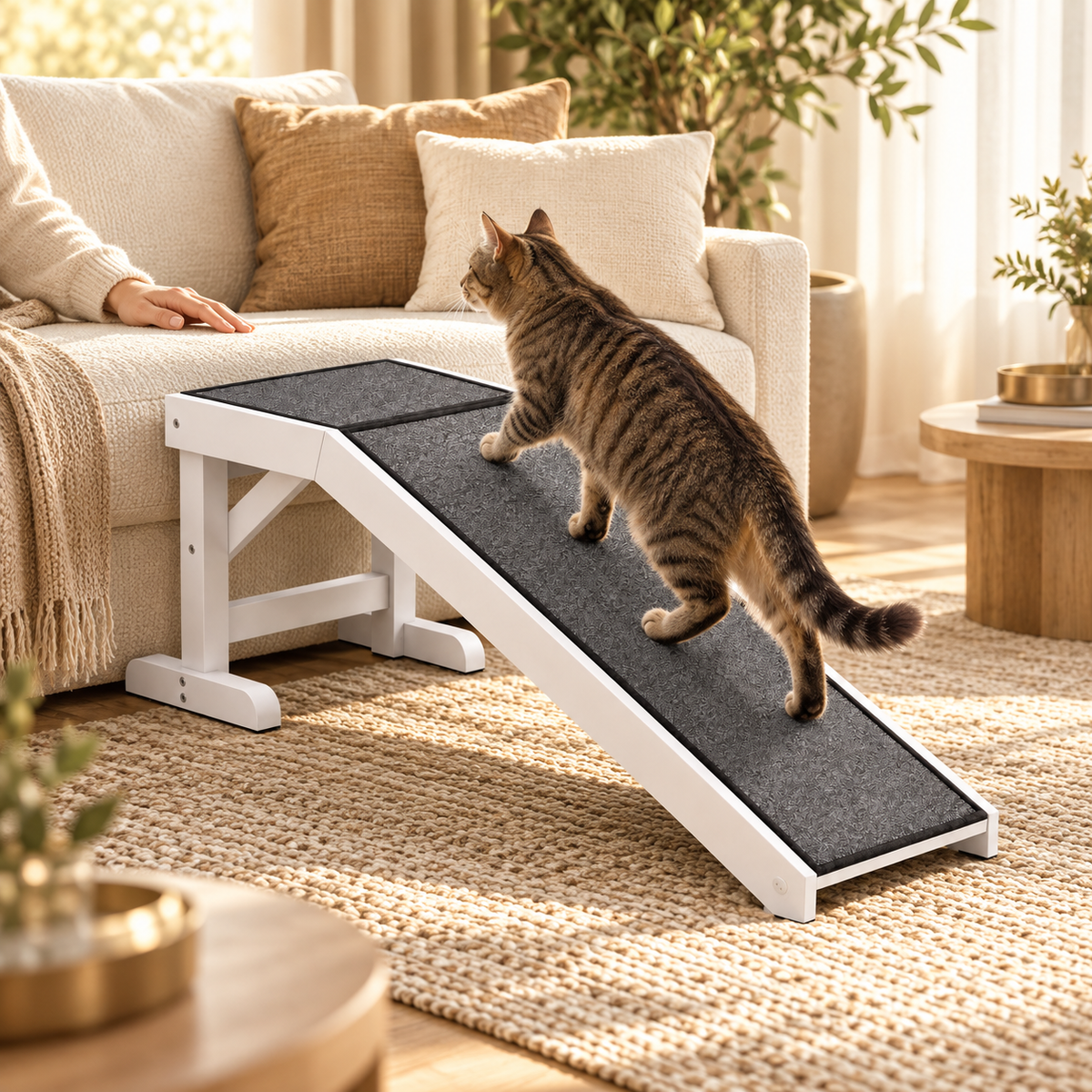 Brown tabby cat walking up a white wooden pet ramp with a dark gray carpeted surface toward a sofa