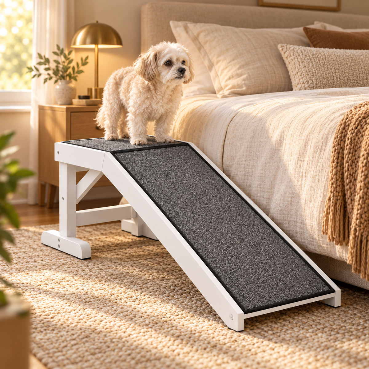 Small fluffy cream dog standing at the top of a white wooden carpeted pet ramp that leads up to a bed