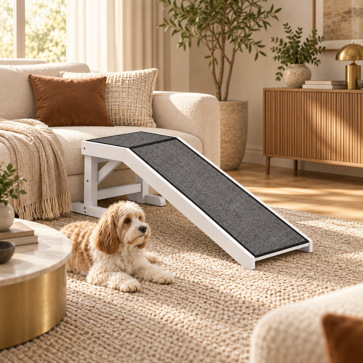 White wooden carpeted pet ramp set against a sofa while a cream and tan spaniel rests on the rug in front