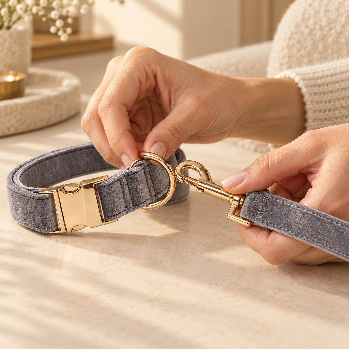 Hands checking the gold-tone leash snap attached to the D-ring of a gray velvet dog collar