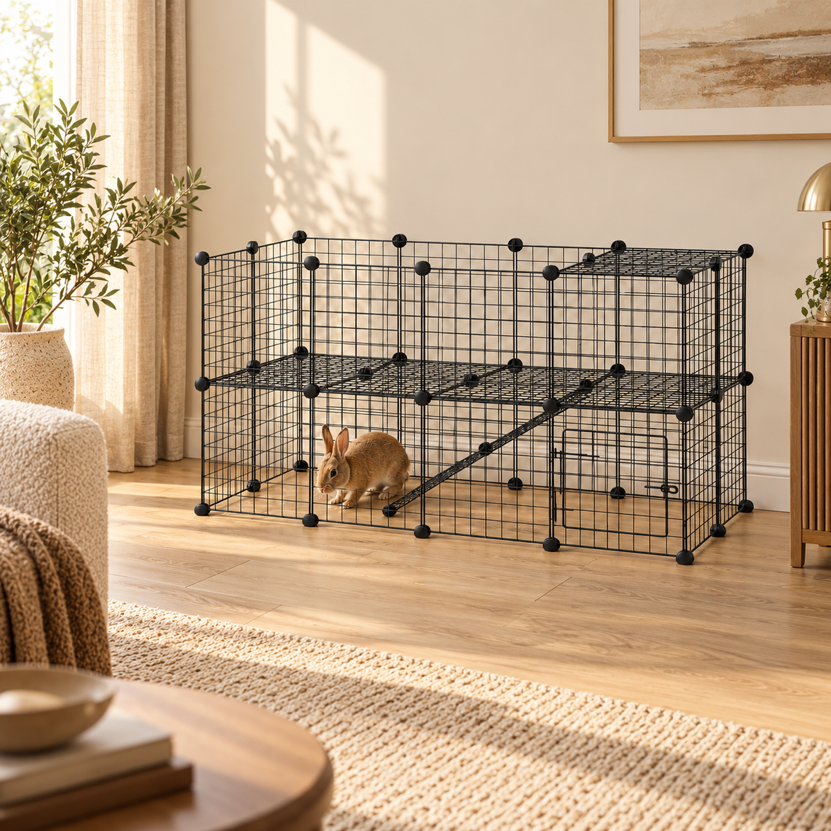 Brown rabbit exploring the empty lower floor of a black wire grid rabbit playpen along a sunny living room wall