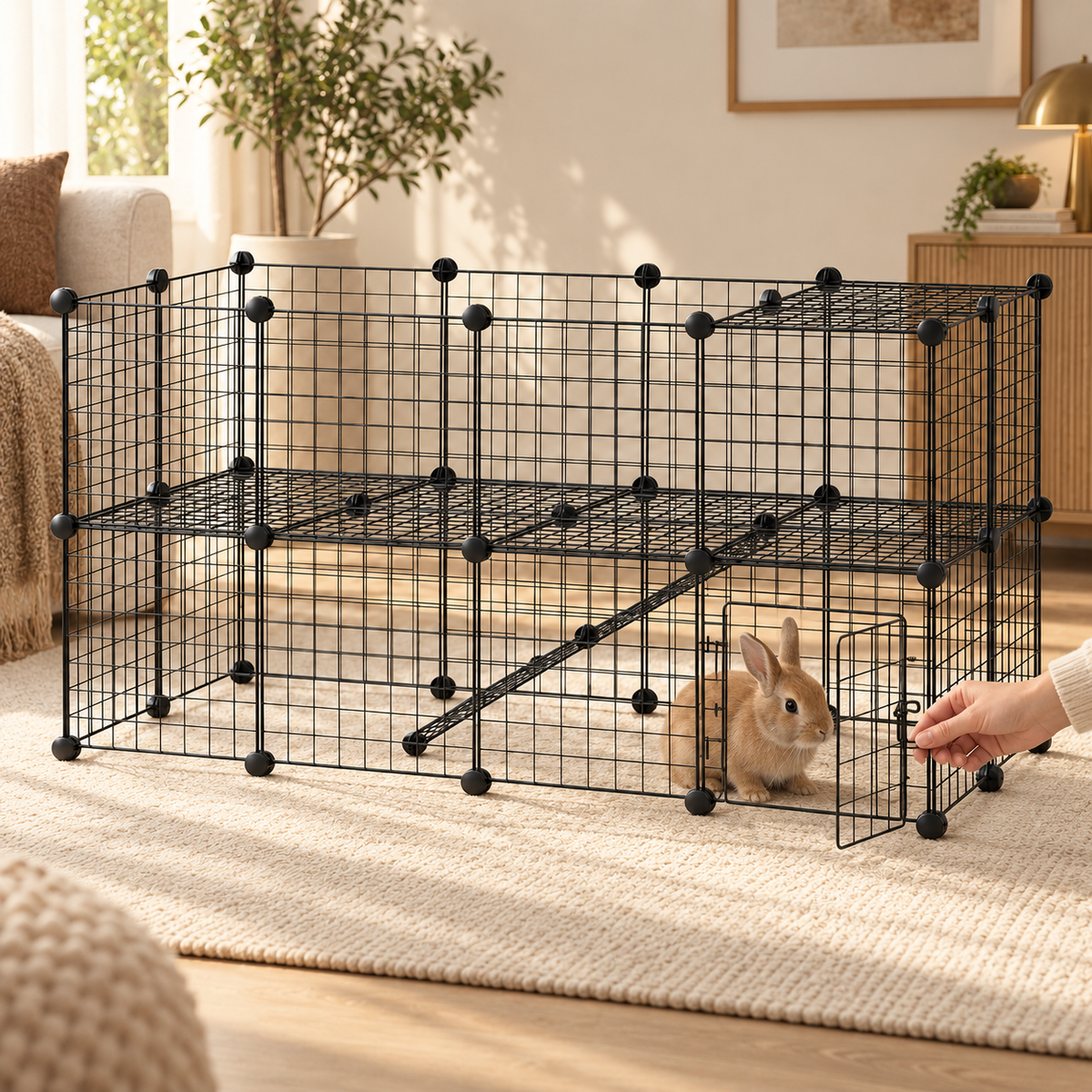 Hand opening the small front door of a black wire grid playpen as a rabbit sits just inside on a woven rug